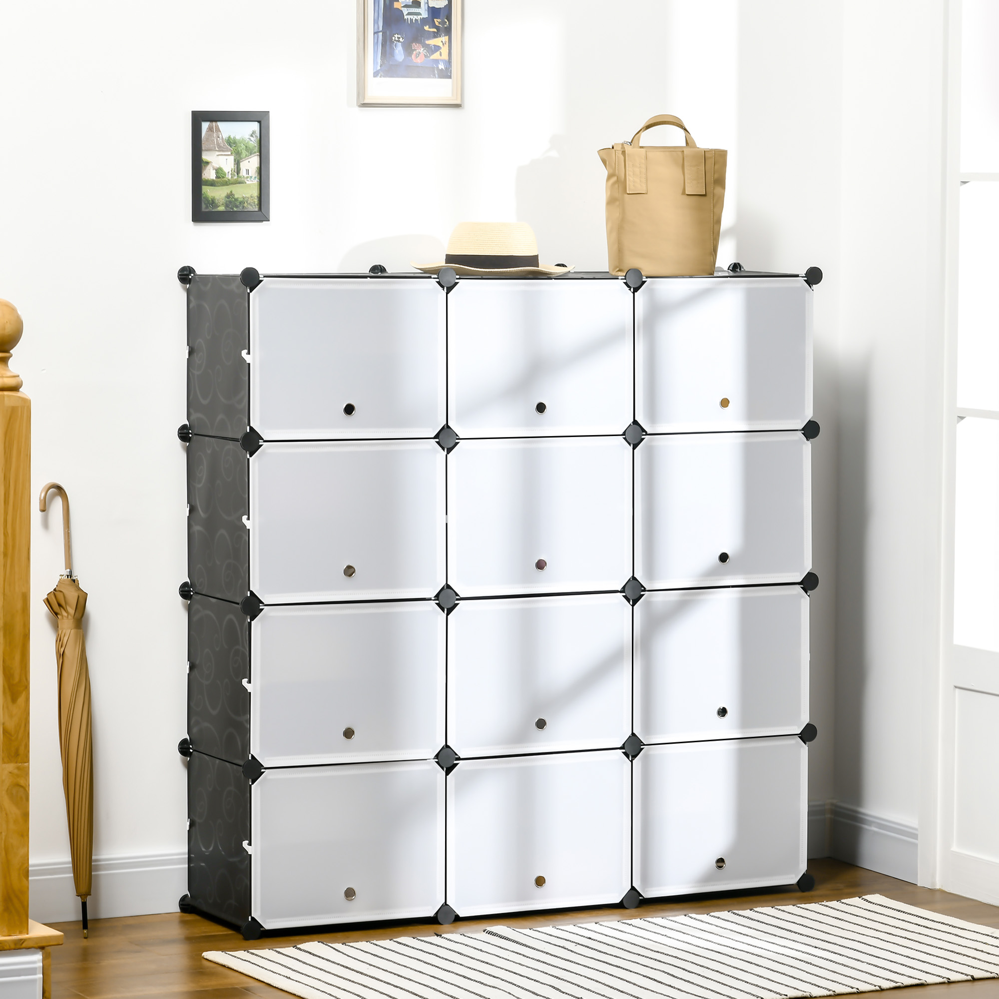Modulares Regalsystem, Steckregal, zusammensetzbar aus 12 Würfeln 125 x 32 x 125 cm, Kunststoff+Stahl Schwarz