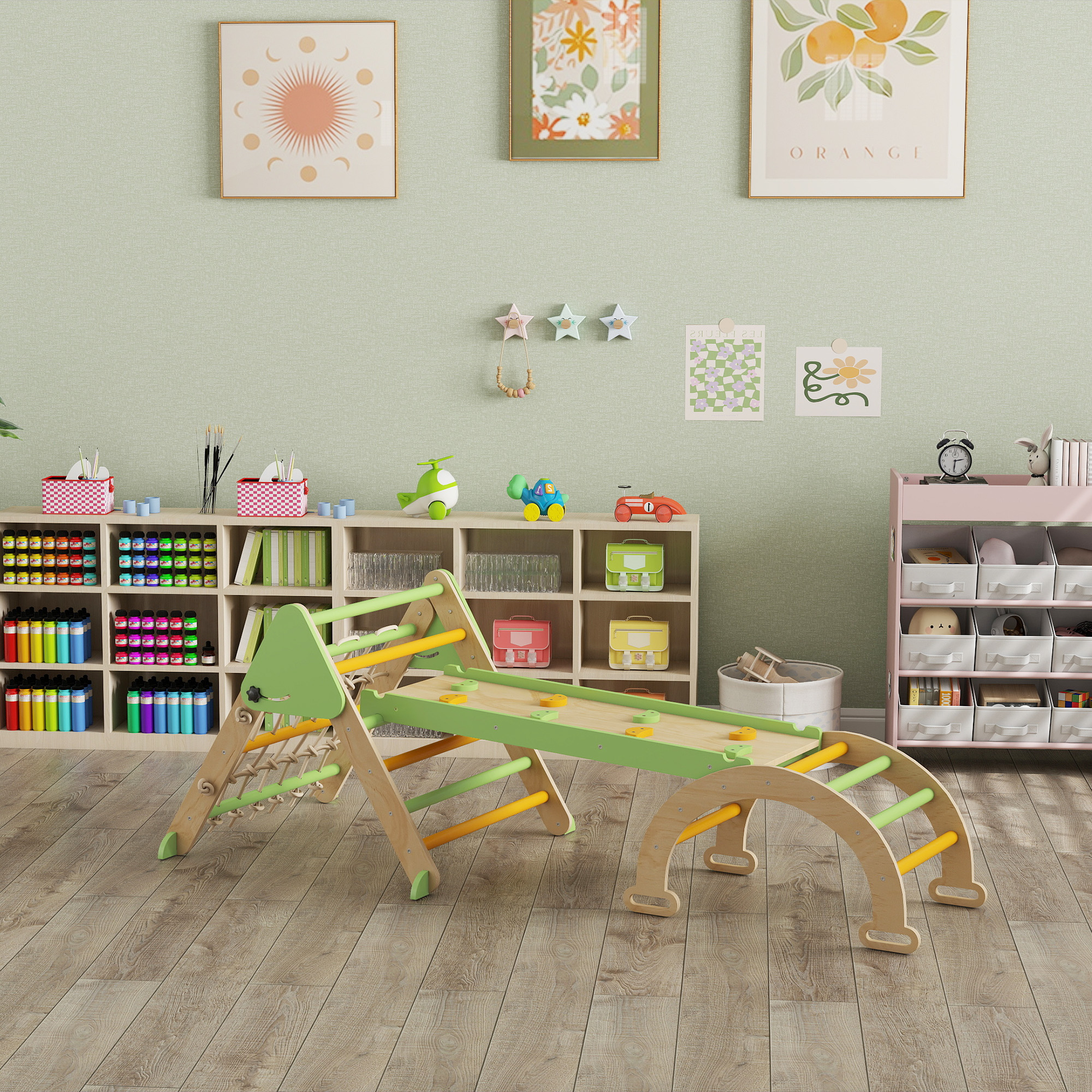 8-in-1 Montessori Klettergerüst Indoor Holz Kletterdreieck mit Kletterbogen, doppelseitiger Rutsche, Grün