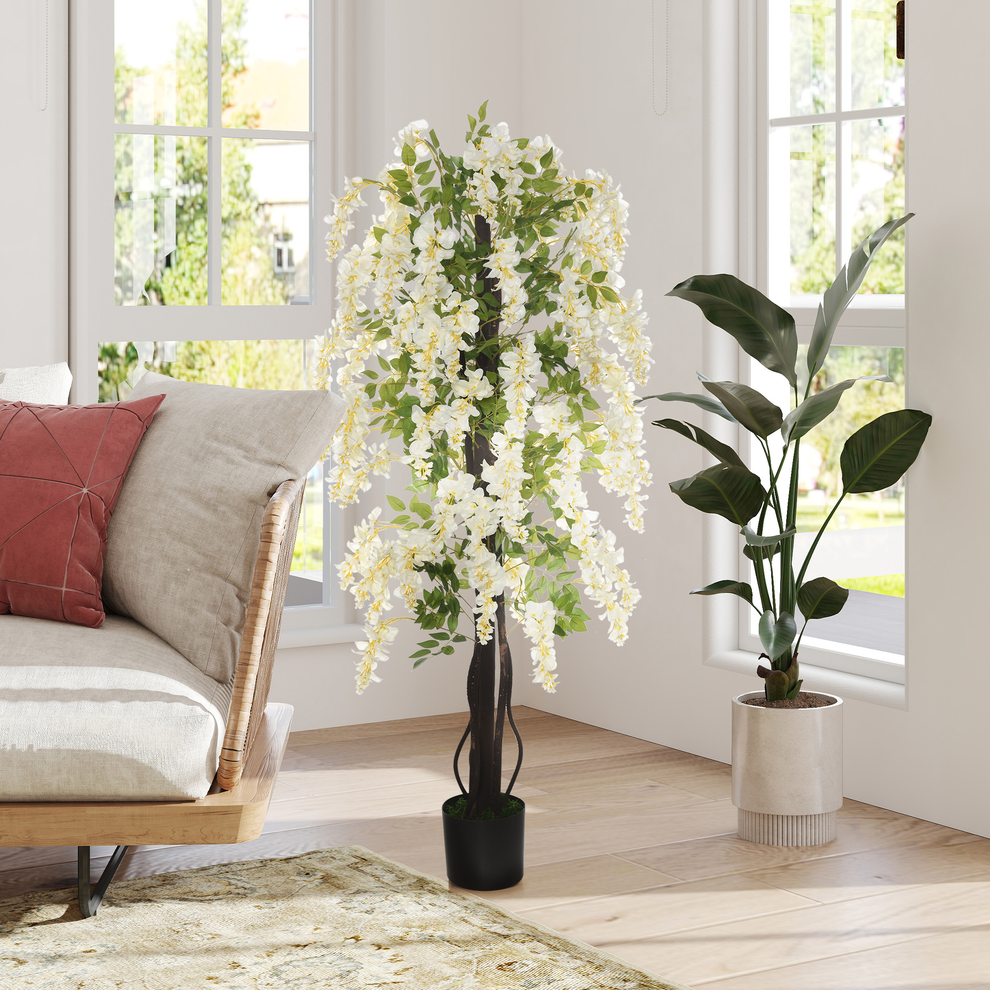 Künstliche Glyzinien groß 165cm Kunstpflanze, Plastik Künstliche Pflanzen Kunstblumen im Topf, Fake Plant wie echt für Büro Wohnzimmer Schlafzimmer Moderne Dekoration Geschenk