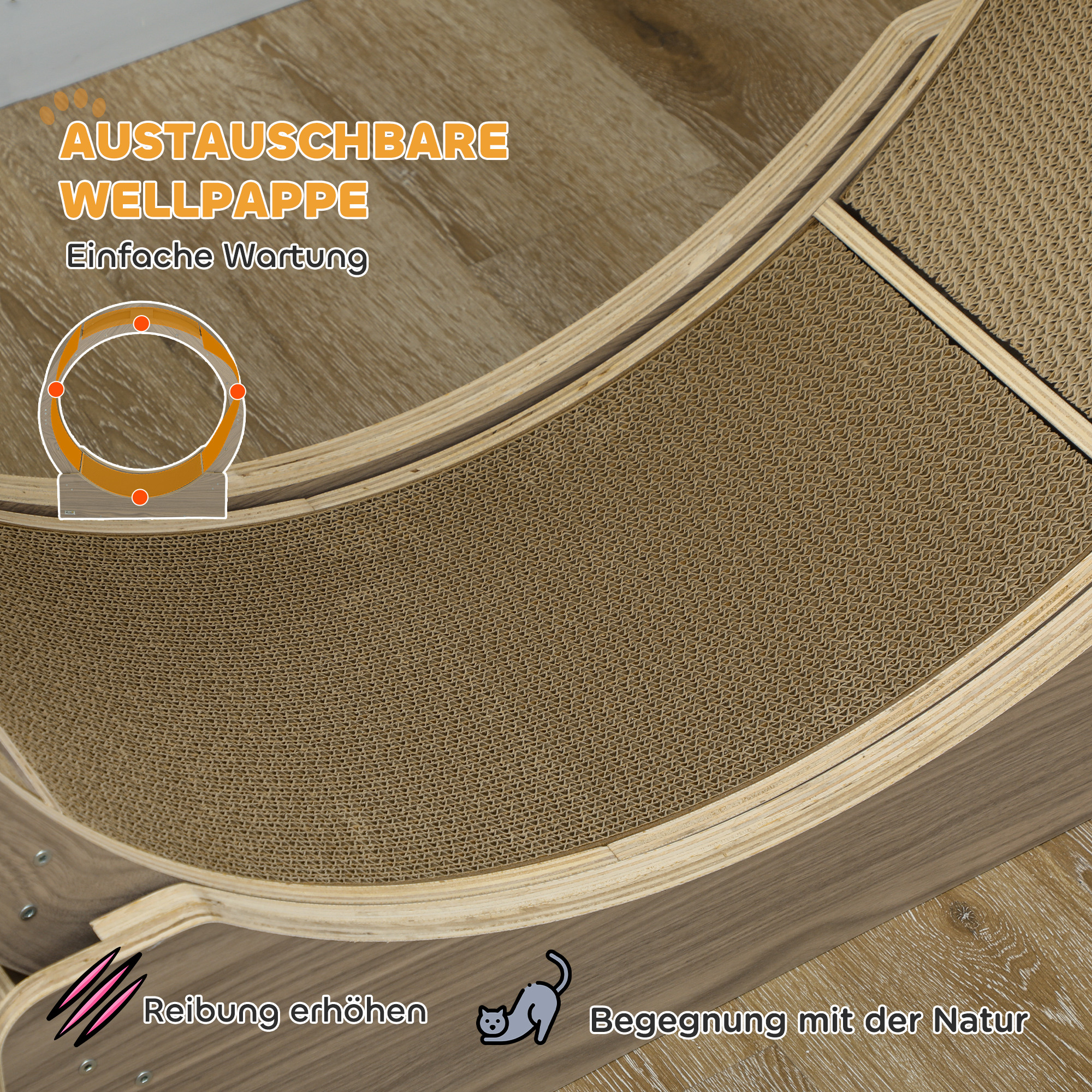 Katzenlaufrad, Laufrad für Katzen, 91 cm, mit Bremse, Kratzmatte, Katzenrad für gesunde Bewegung, Walnuss