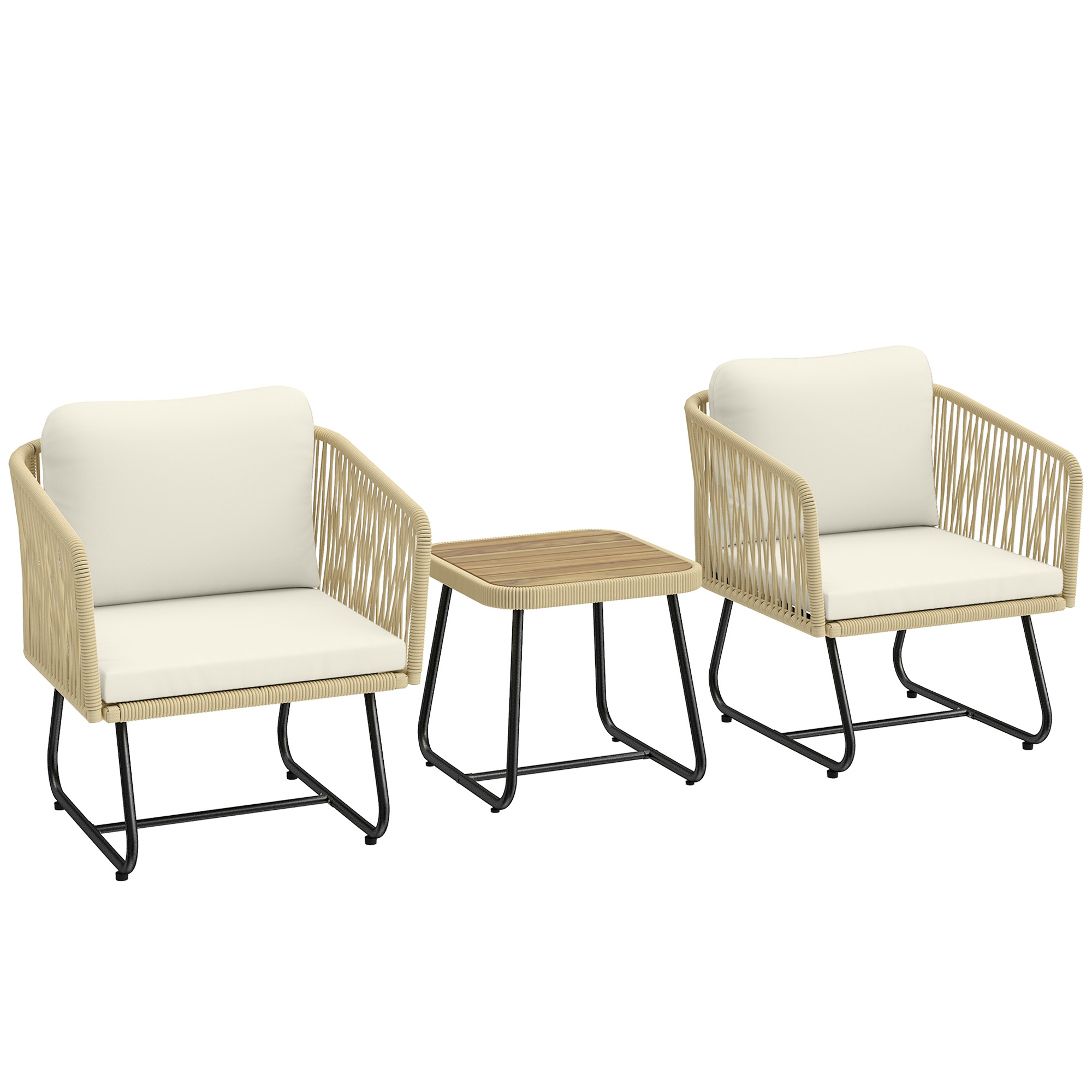 Rattan Bistroset 3 teiliges FSC Gartenmöbel-Set mit 2 Sessel, Lamell-Holztisch, dicke waschbare Kissen Stahlrahmen