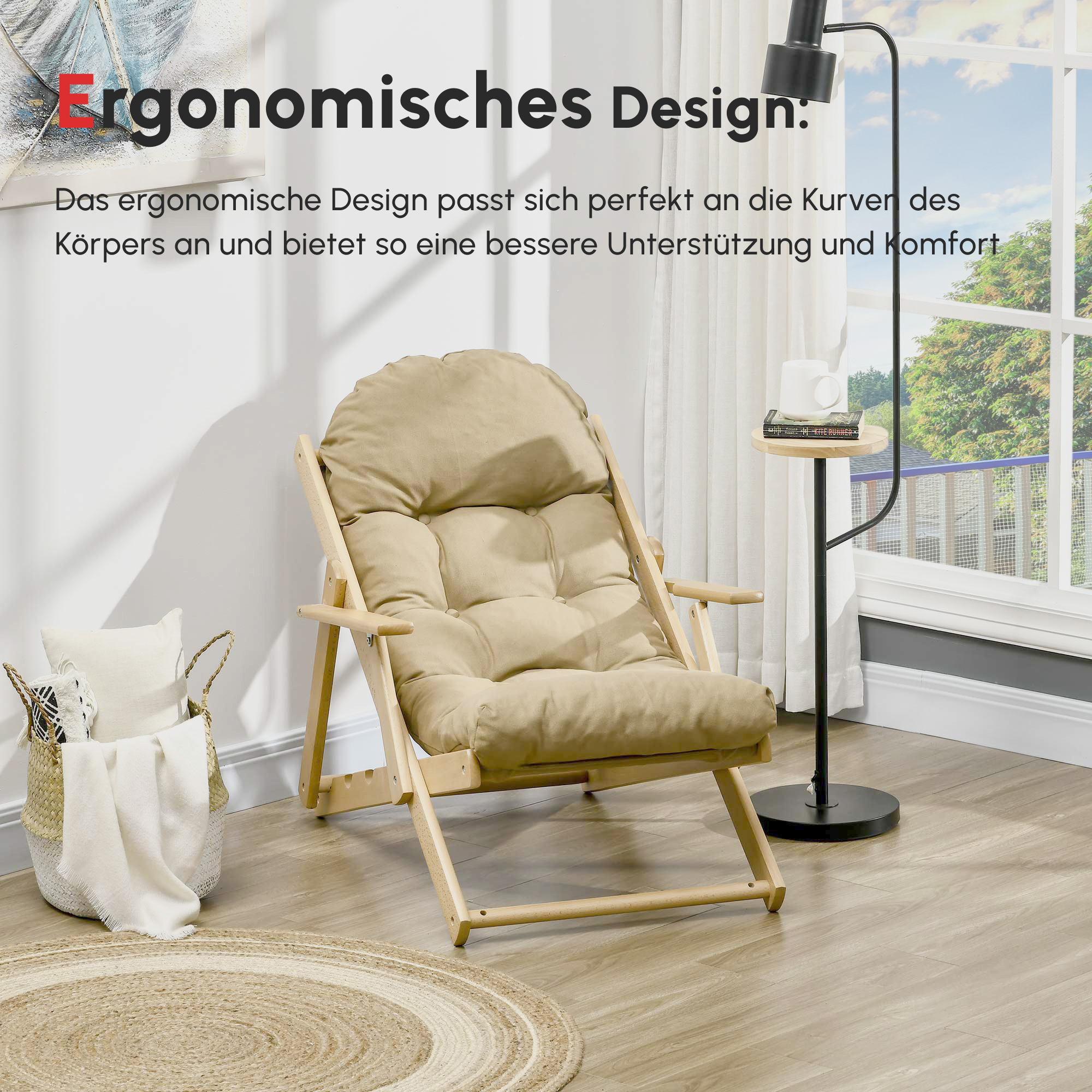 Akzentsessel, Relaxsessel, verstellbare Rückenlehne, Buchenholzrahmen, bis 120 kg, Braun