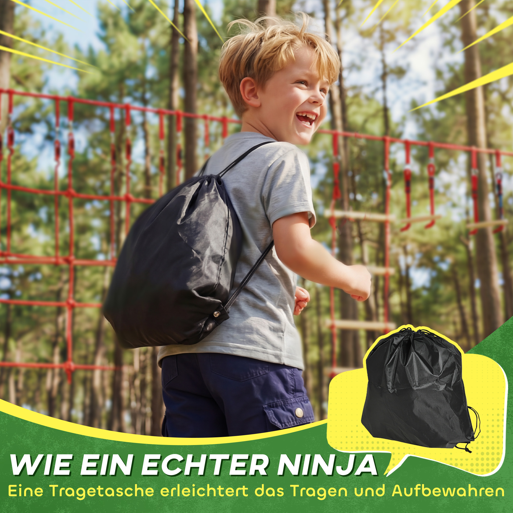 Ninja Line Kinder 10m Slackline Set mit Turnringe Schaukel Kletterleiter Kletternetz für 3-6 Jahre 1000x300x180 cm Rot