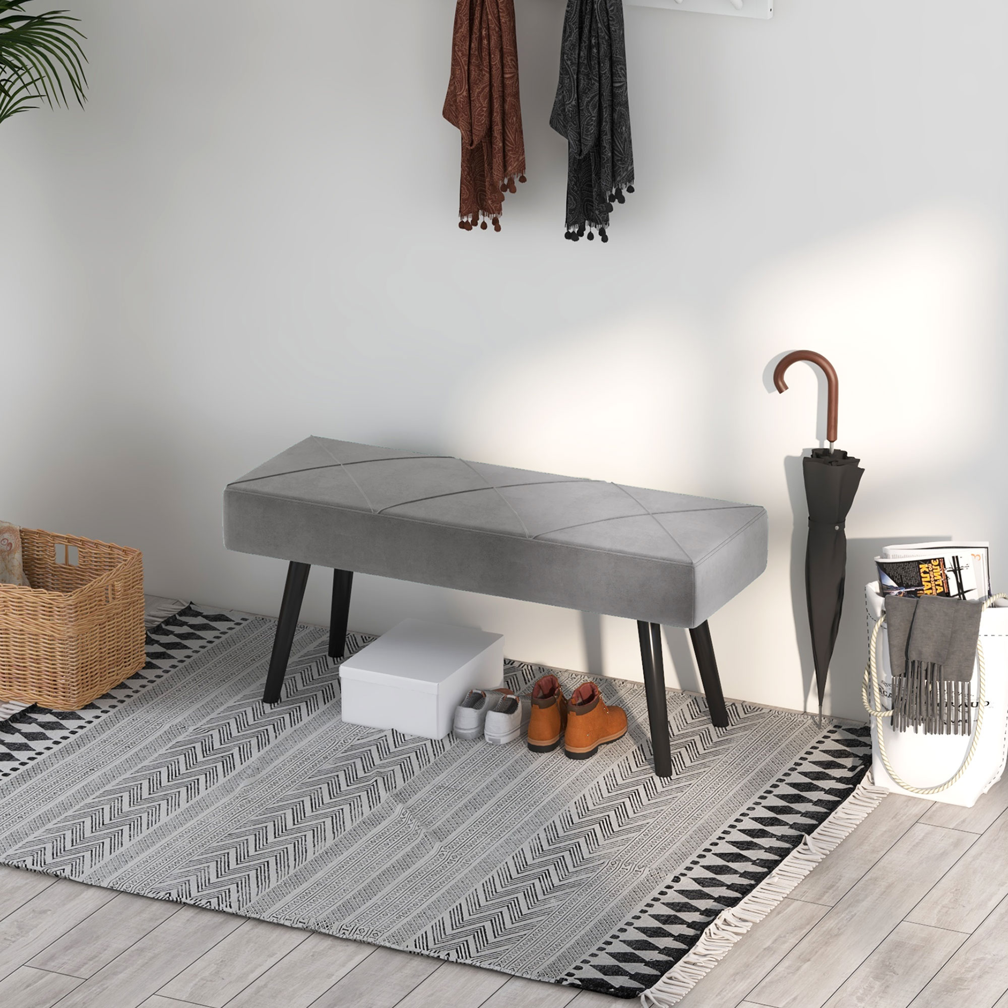 Sitzbank Polsterbank Bettbank, Samtoptik, 100 x 36 x 45 cm, Grau