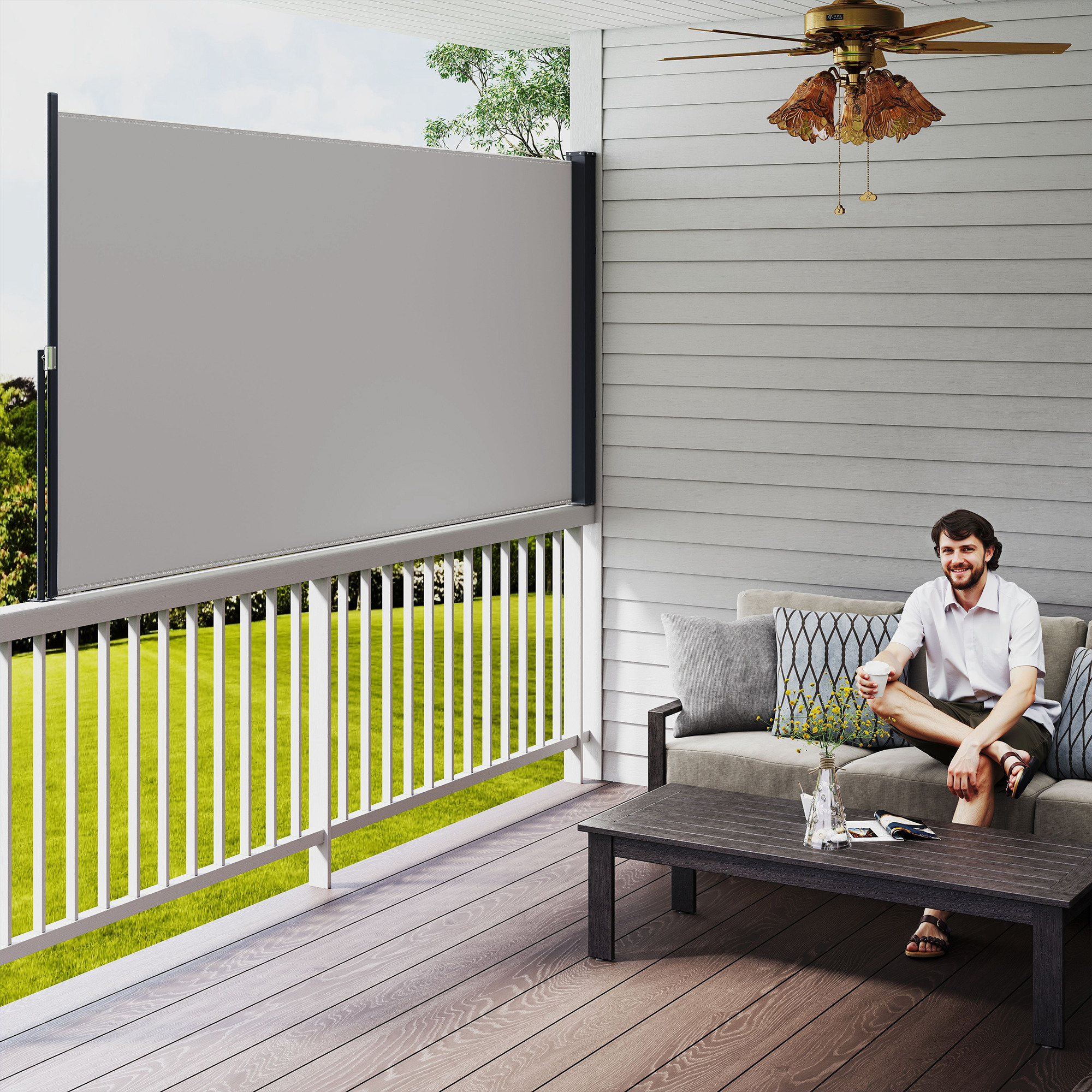 Seitenmarkise, Seitenrollo, ausziehbar, Sichtschutz, Aluminium/Polyester, 3 x 1,4 m, Hellgrau