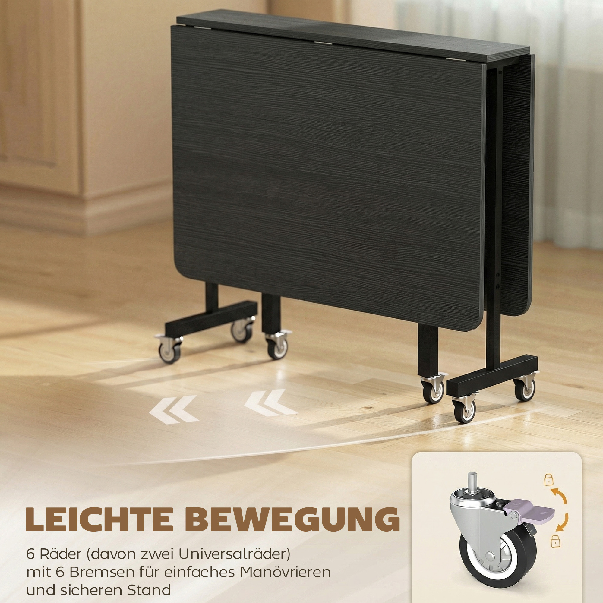 Esstisch Klappbar Küchentisch für 4-6 Personen mit 6 Rollen Mobiler Klapptisch für Kleine Räume 120x80x73 cm Schwarz