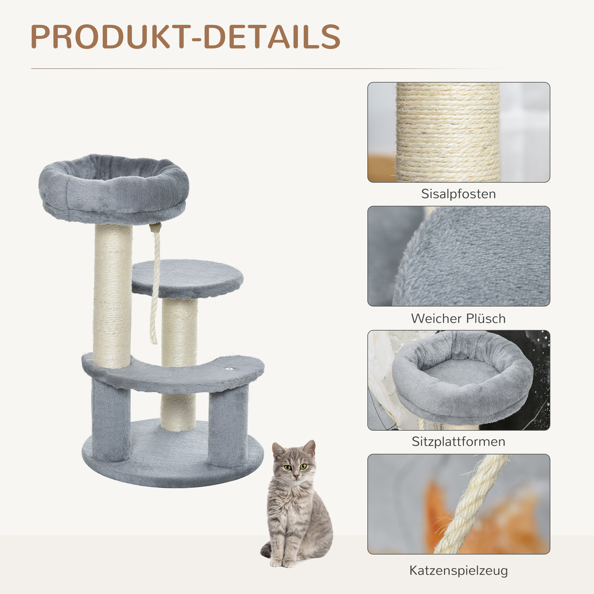 Kratzbaum 65 cm Kleiner Katzenbaum mit Katzenbett, Liegeplattform, Katzenkratzbaum mit Sisalsäulen Katzenmöbel für Katzen bis 3,5 kg, Grau