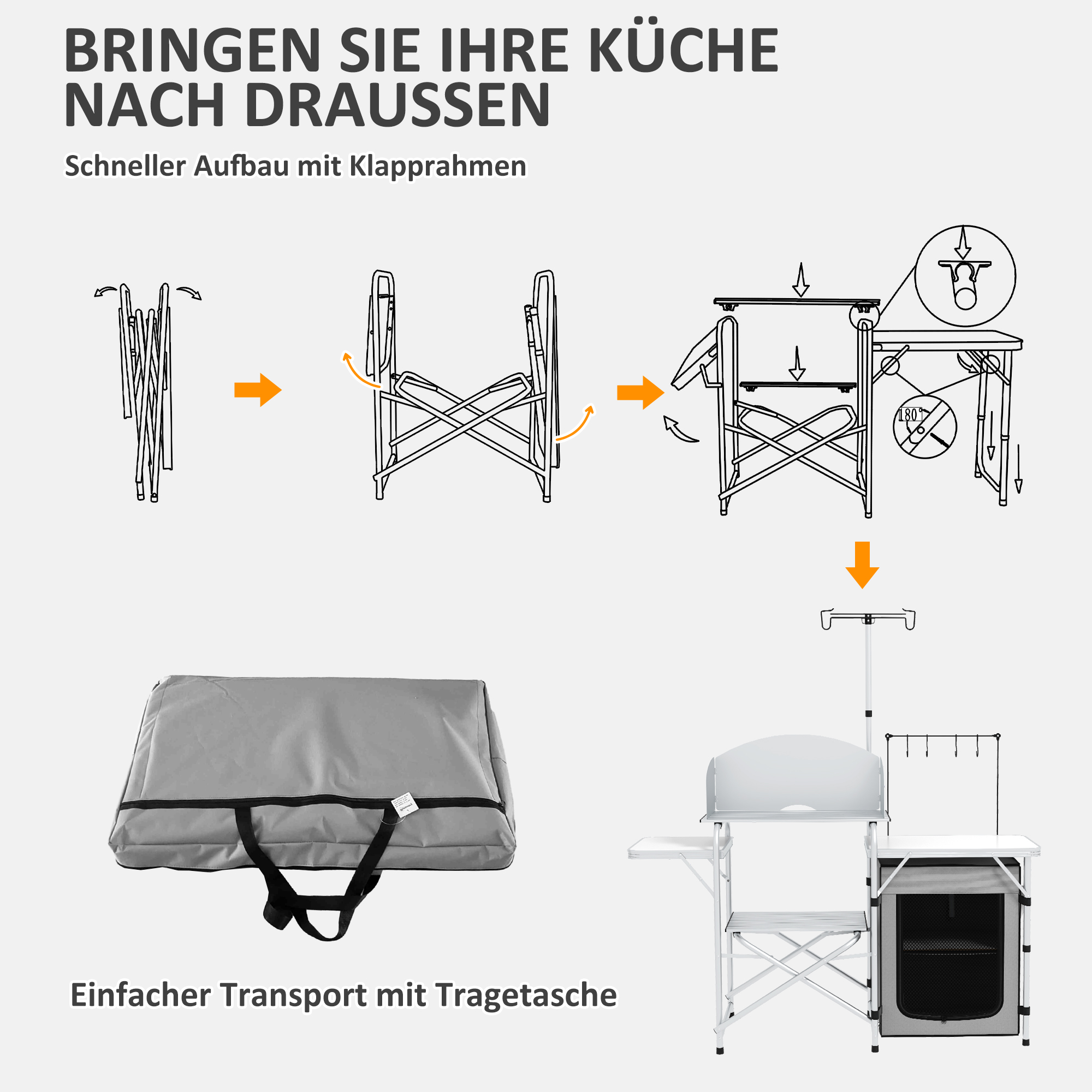 Campingküche, faltbar, 3 Arbeitsplatten, Windschutz, Stoffschrank, 144x48x119cm, Silber