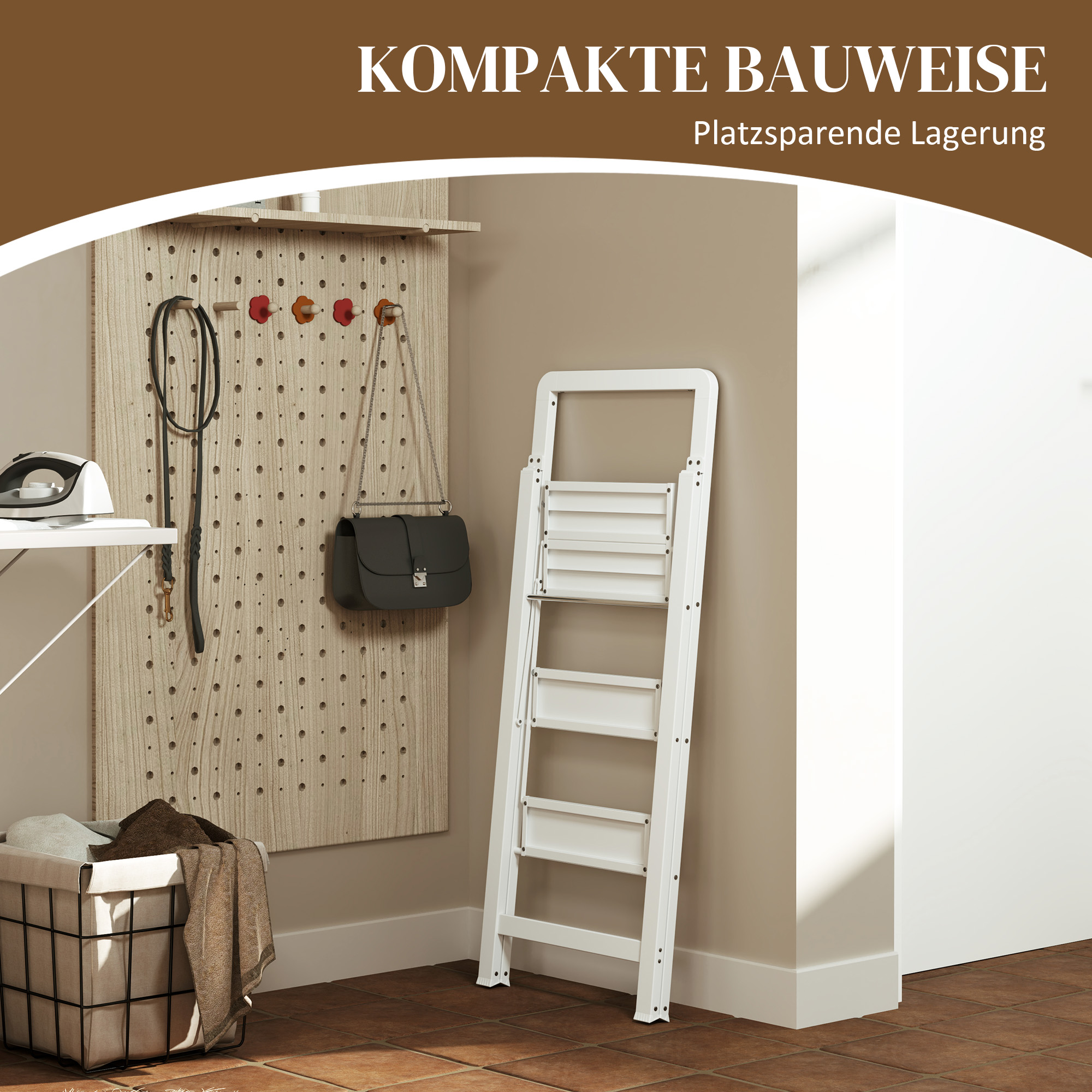 3-stufige Trittleiter, Aluminum faltbar, rutschfeste Plattform, Weiß