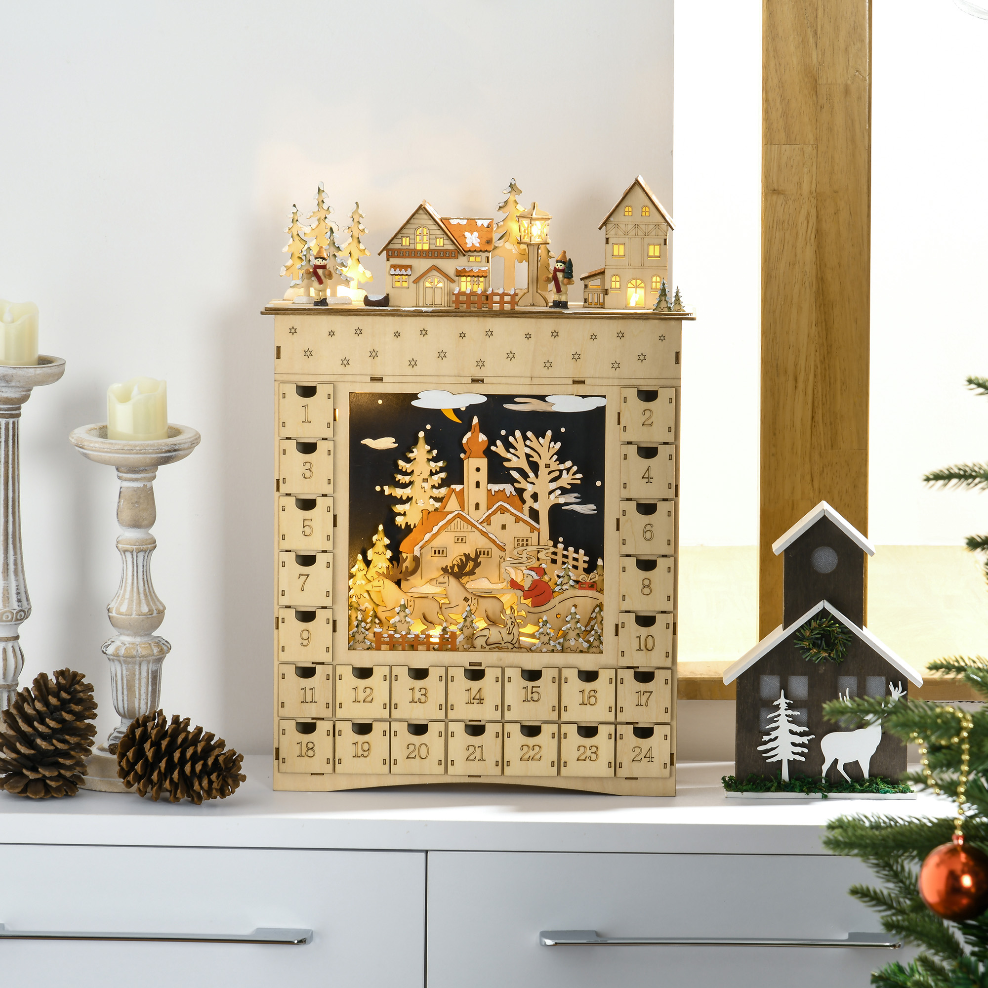 Adventskalender zum Befüllen 24 Schubladen Fächer Weihnachtskalender mit LED-Lichtern Naturholz 36 x 9 x 52 cm