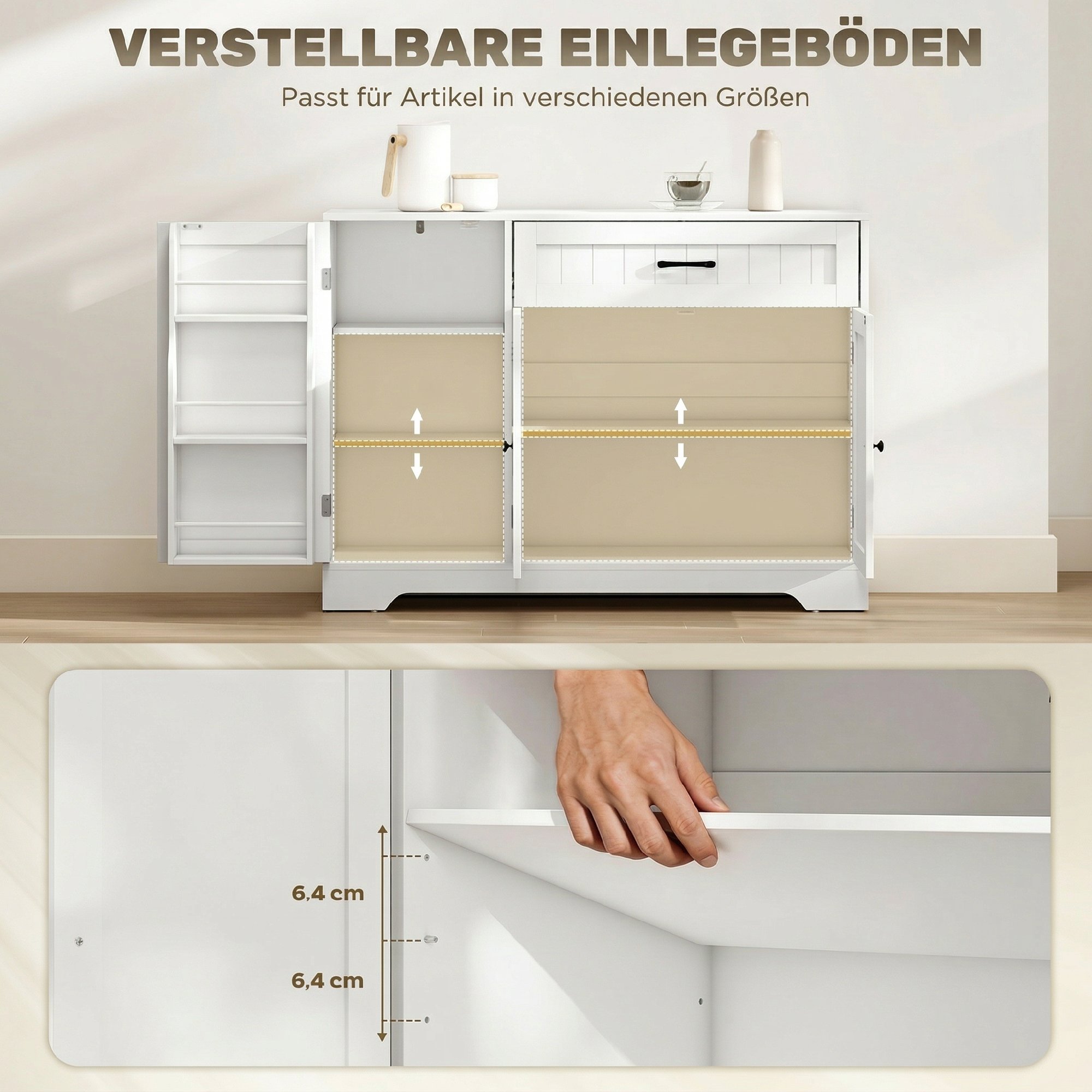modernes Küchen-Sideboard mit Schublade, verstellbaren Regalen, kleine Küchen-Vorratskammer mit Türfächern, Weiß
