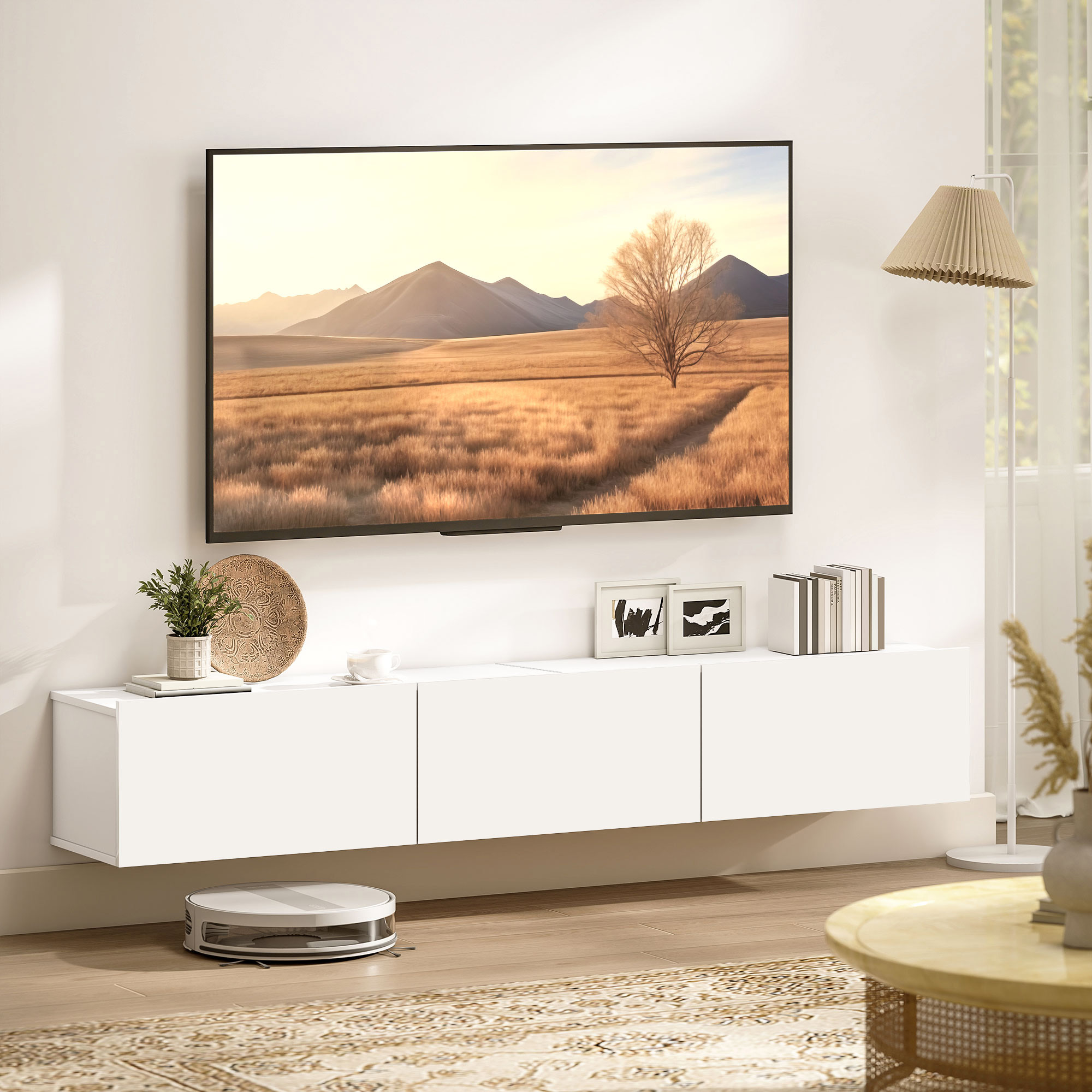 Schwebender TV-Schrank, Wandmontage, 3 Schubladen, viel Stauraum, 180 cm, Weiß