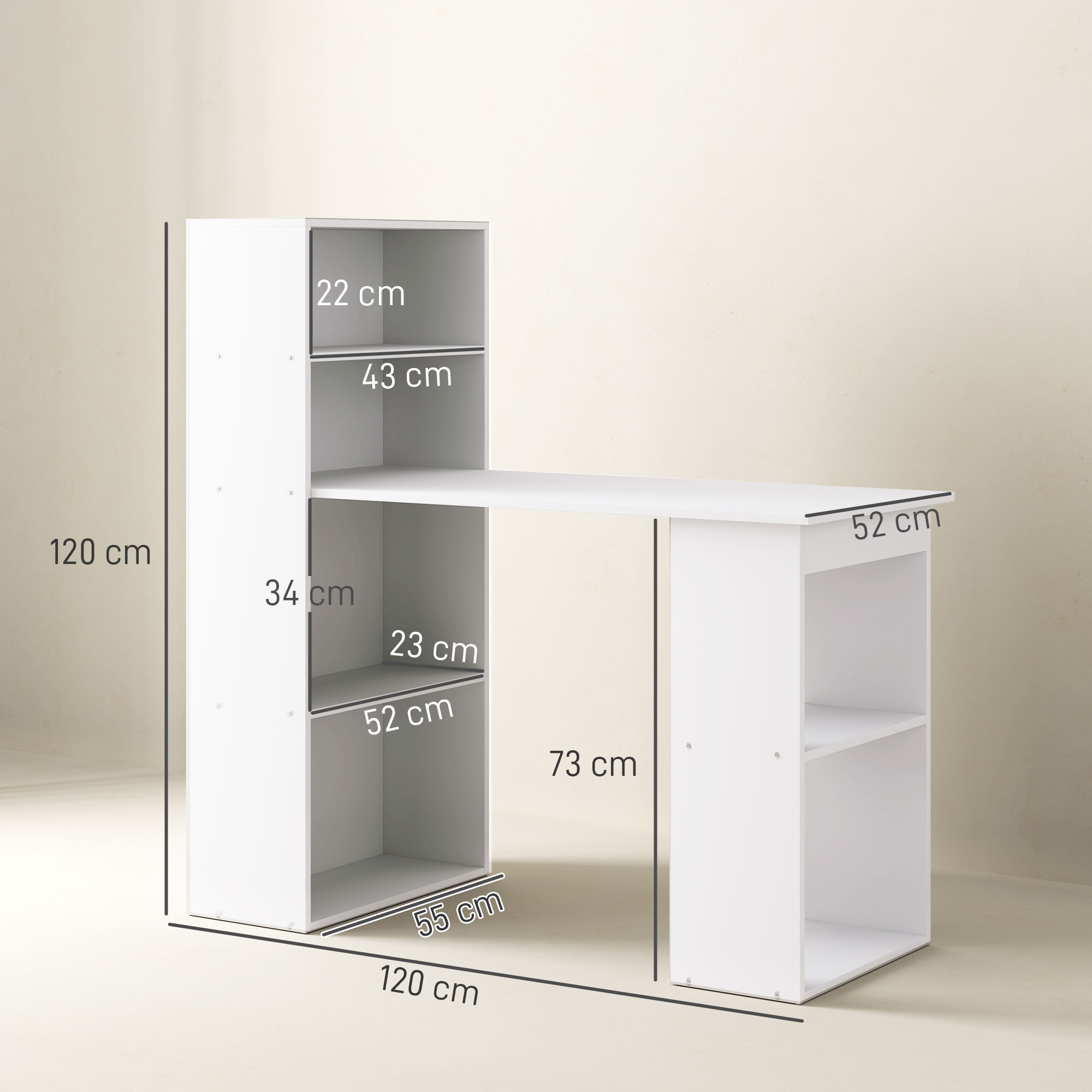 Schreibtisch Bürotisch Computertisch, 2 Regale, 5 Regalböden, 120 cm x 55 cm x 120 cm, Weiß