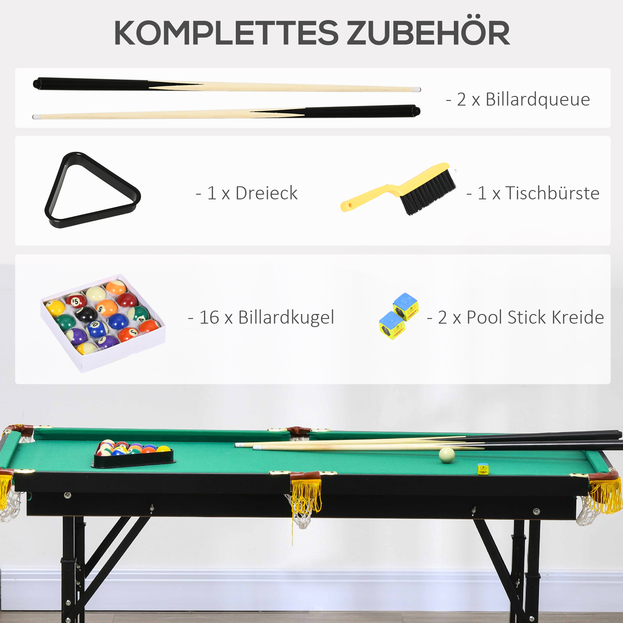 Billardtisch, klappbar, höhenverstellbar, inkl. Dreieck/2 Queues/16 Kugeln, Grün