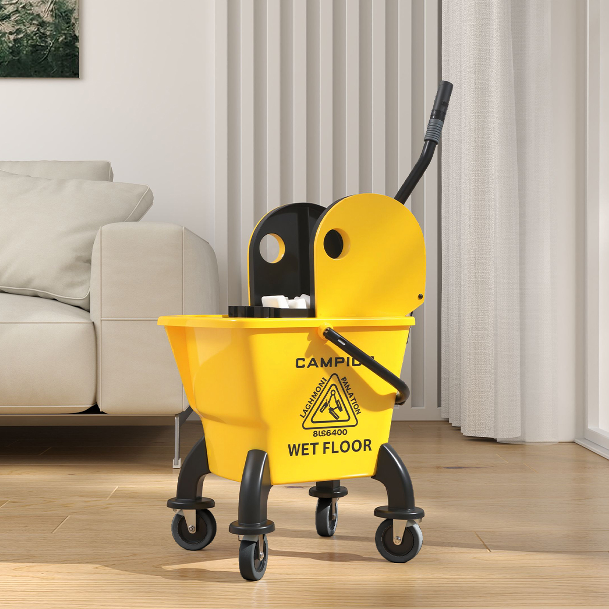 Rollbarer Mopp-Eimer, Wischeimer mit Auswringer und Mopp, 26 Liter, Gelb