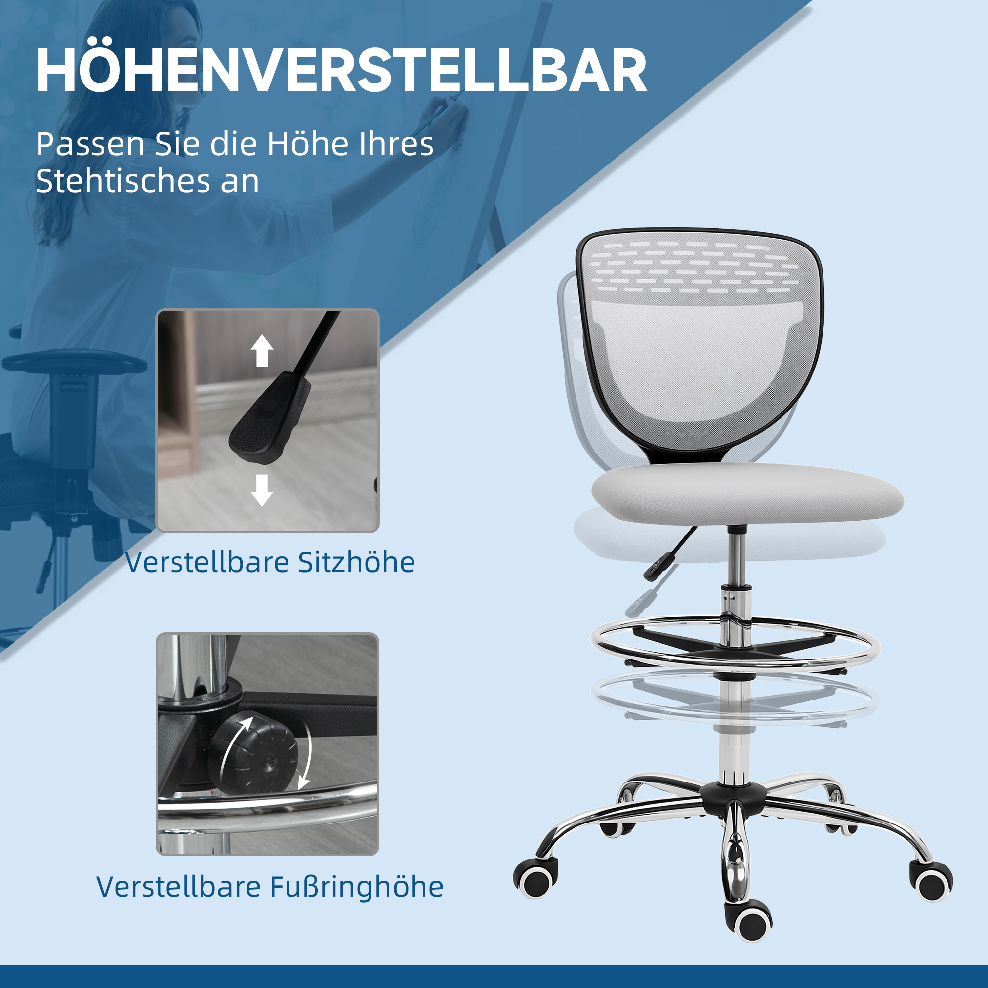 Bürostuhl, Arbeitsstuhl, Schreibtischstuhl, höhenverstellbar, gepolstert, Hellgrau