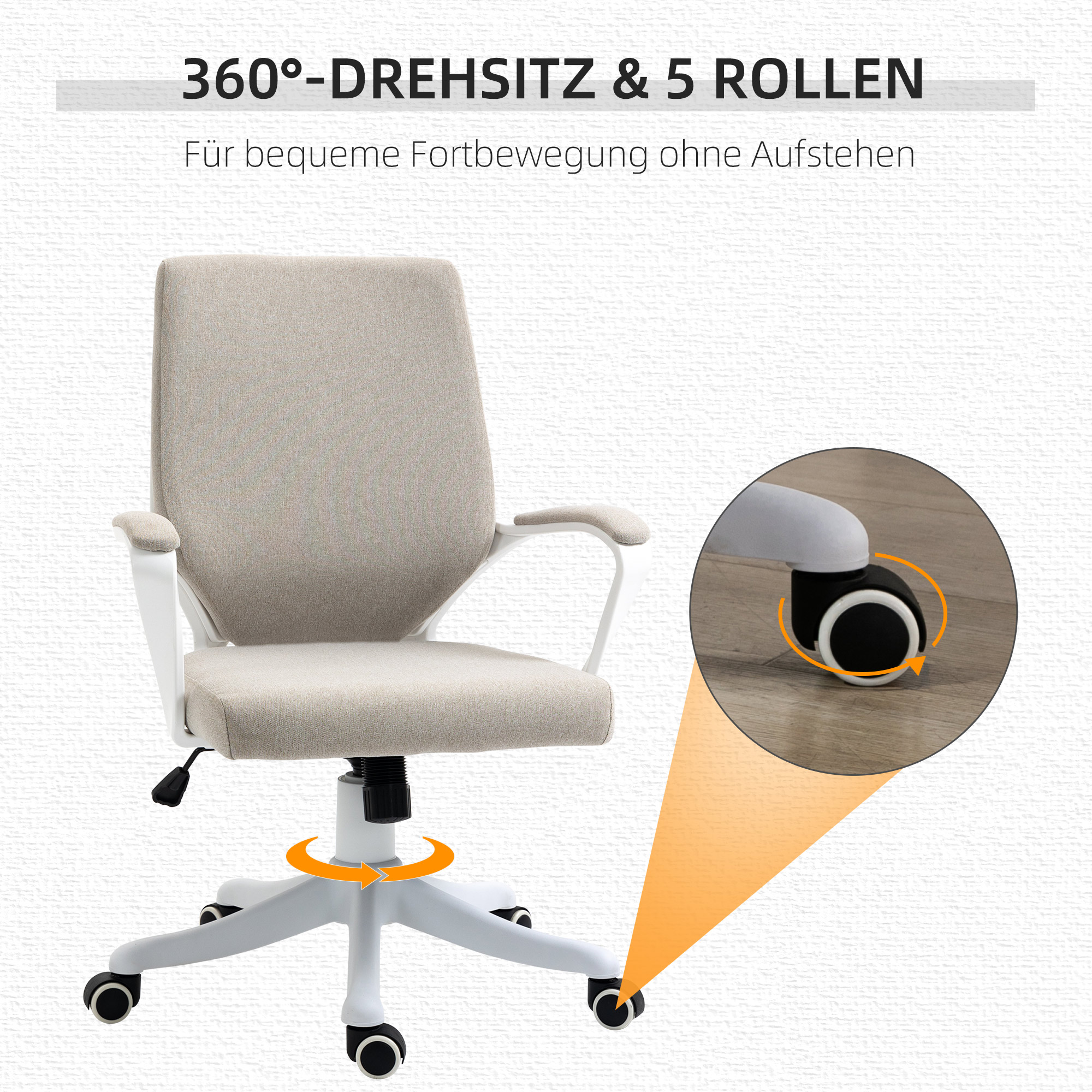 Bürostuhl Schreibtischstuhl Home-Office-Stuhl mit Wippenfunktion Rückenlehne höhenverstellbarer dick gepolstert ergonomisch 360°-Drehräder Polyester Nylon PP Beige+Weiß 62x69x92-100 cm
