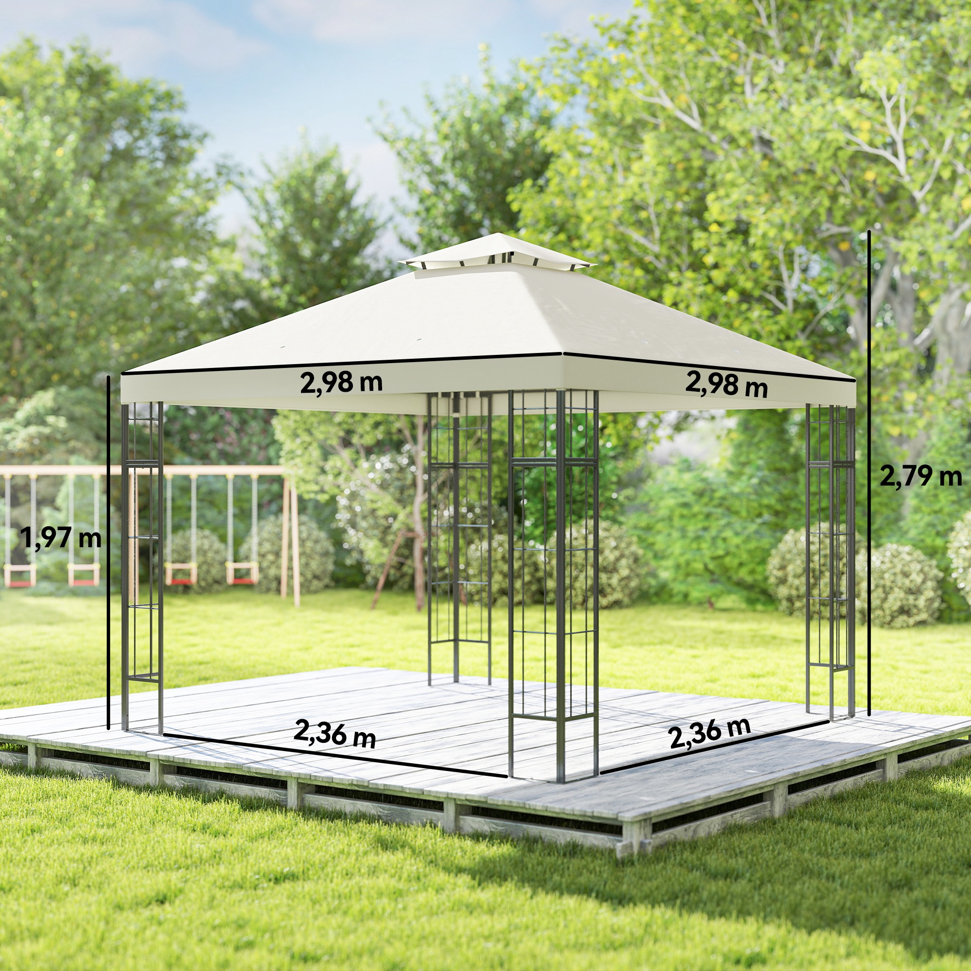 3 x 3 m Garten-Pavillon, 2-Stufen-Dach-Design, UV30+ Schutz, UV-beständig, Sonnenschutz, Metallrahmen, Cremeweiß