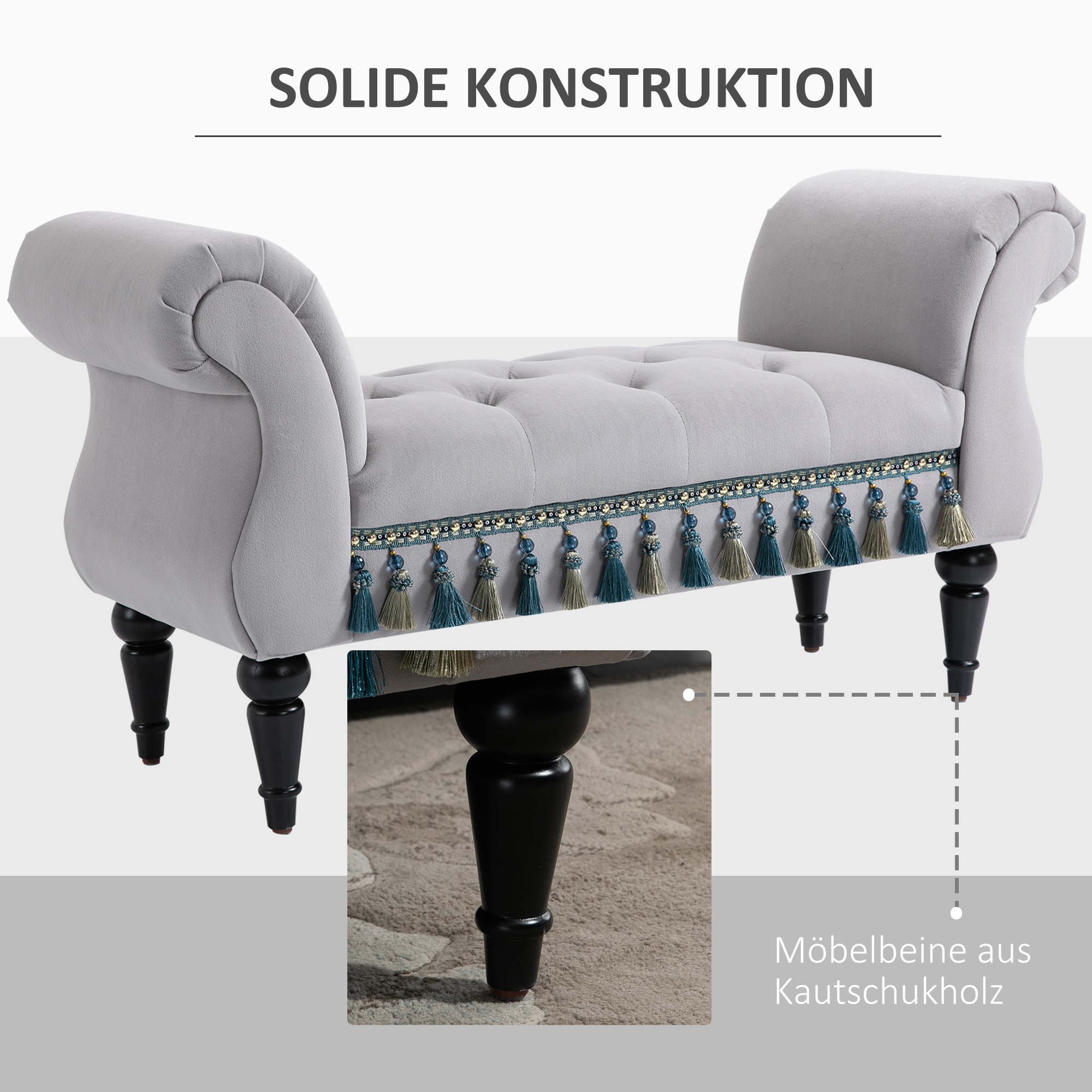 Sitzbank Polsterbank mit Samt-Bezug, Armlehne Bettbank mit Holzrahmen, Schuhbank für Schlafzimmer, Wohnzimmer, Flur 117 x 40 x 58 cm Hellgrau