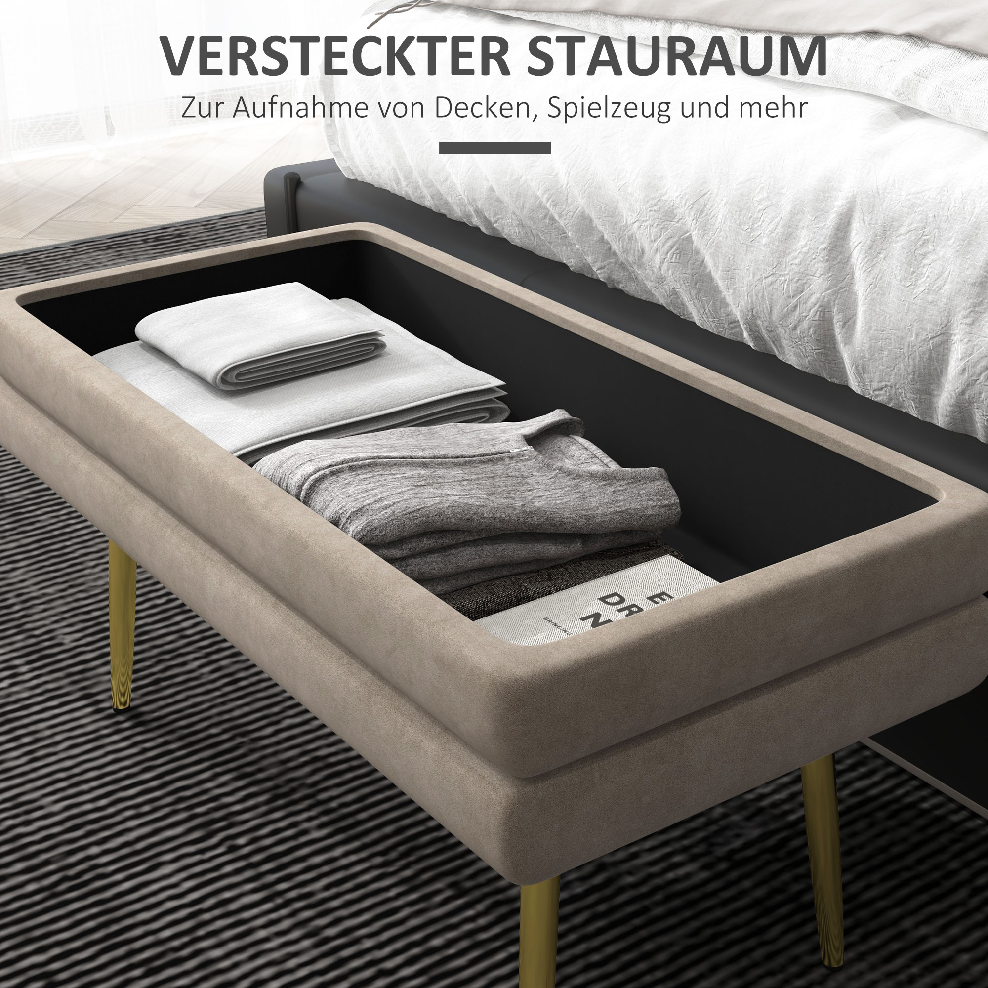 Sitzbank Polsterbank, mit Stauraum, Stahl, 79,5 cm x 37,5 cm x 43 cm, Beige
