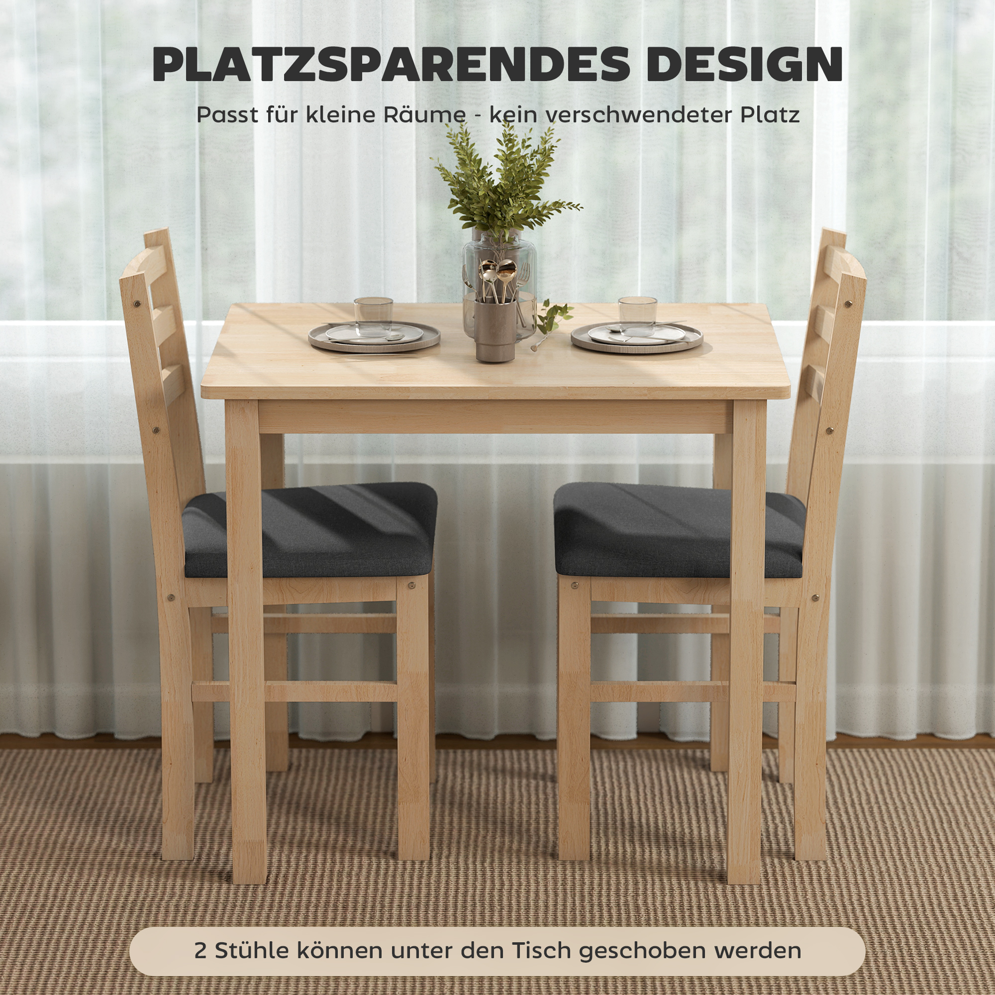 3-teiliges Esstisch-Set mit 2 Stühlen, Küchentisch für kompakte Räume, gepolsterte Stühle, platzsparend, MDF, Naturholz