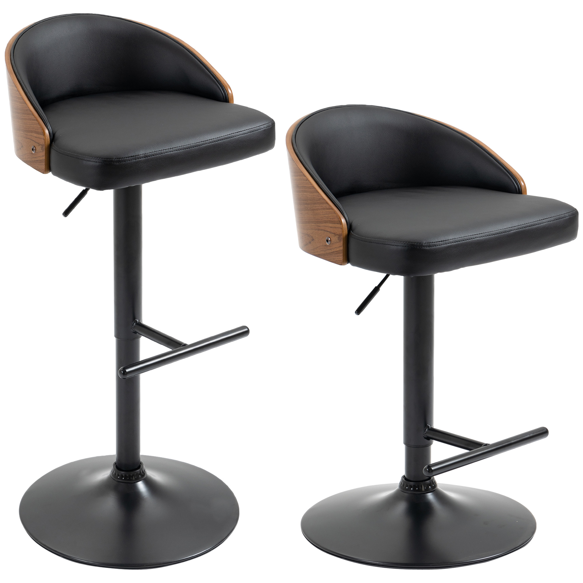 Barhocker 2er Set, Gepolstert Barstuhl aus Stahl und Massivholz, Höhenverstellbar Küchenstühle mit Fußstütze, 360° Drehbar, Tresenhocker für Küche, Wohnzimmer, Esszimmer, Schwarz+Kaffee