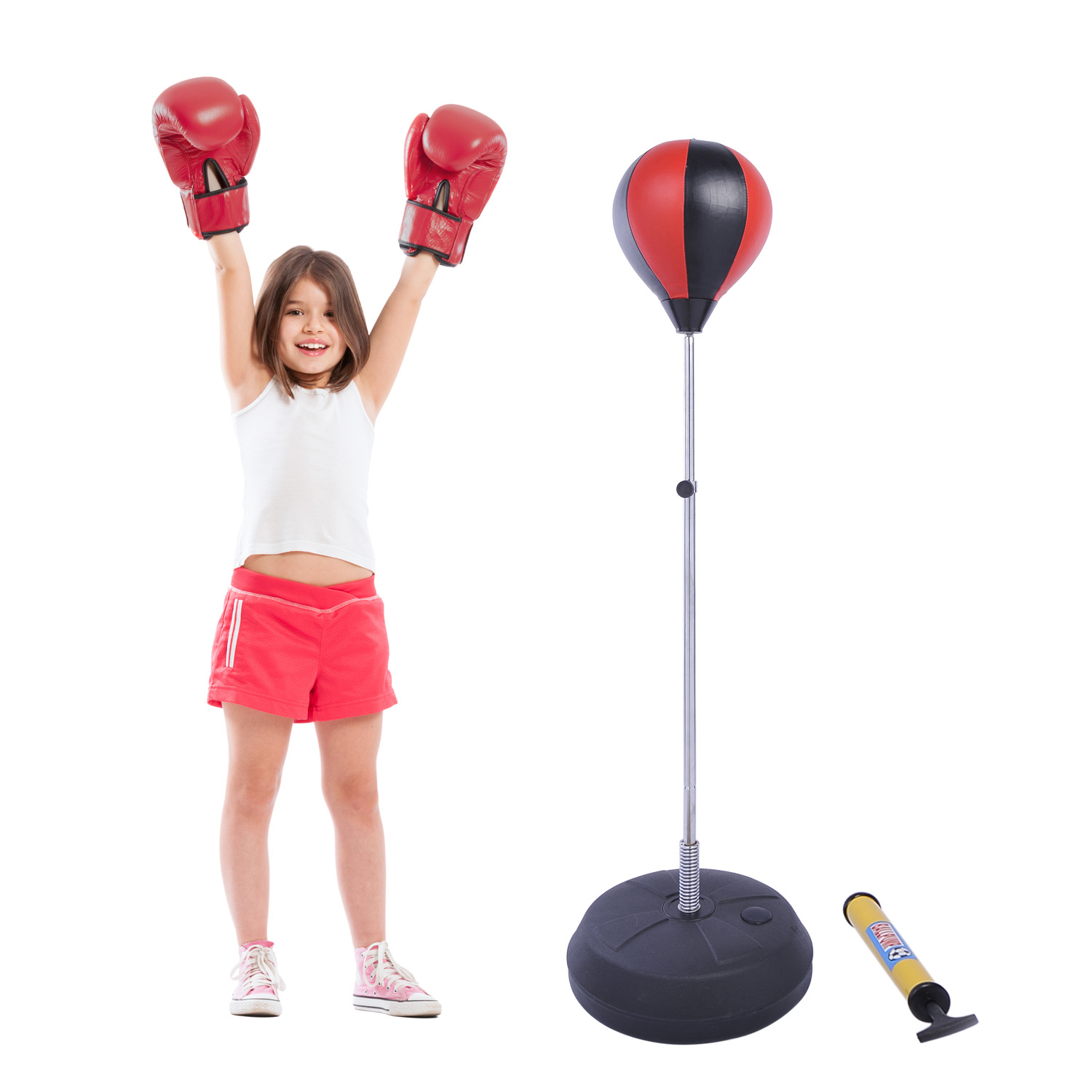 Punchingball Set Standbox Training Set 125/131/138/145cm höhenverstellbar mit 1 paar Handschuhe 1 Pump Geeignet für Profis und Anfänger Rot