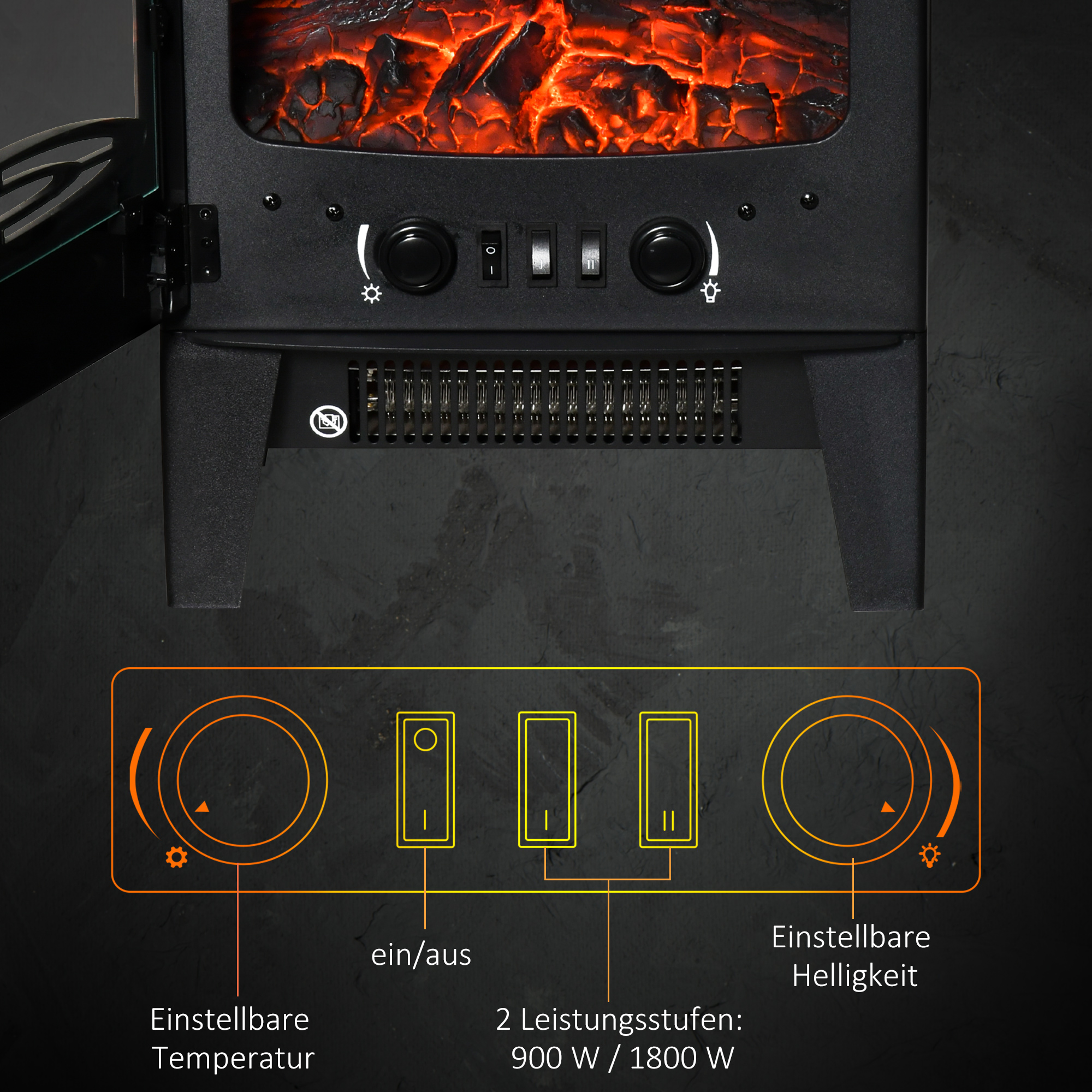 Elektrokamin mit Heizung, 1800 W elektrischer Kamin mit LED Flammeneffekt
