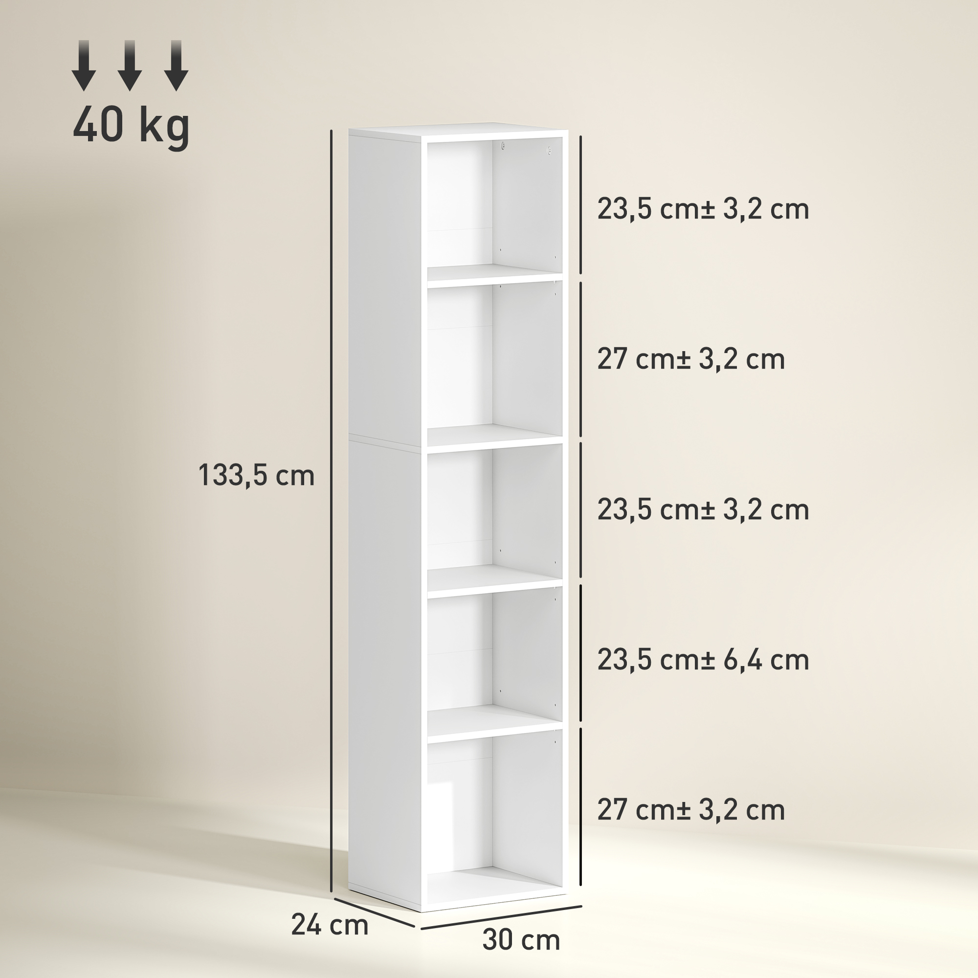 Bücherregal, 5 Fächer, verstellbare Regale, Holz, 30 x 24 x 133,5 cm, Weiß