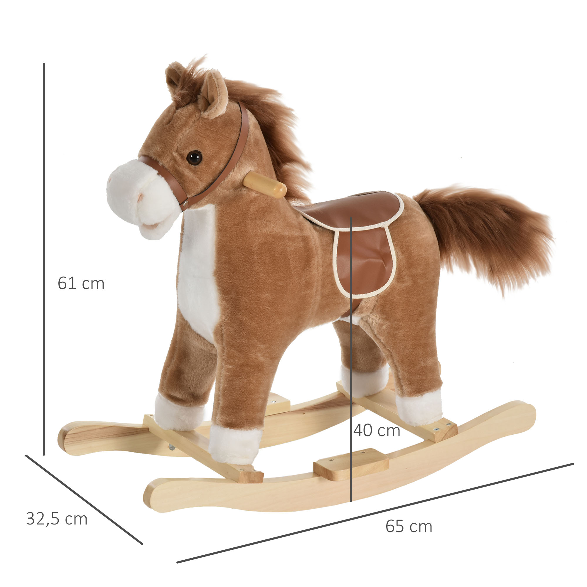 Kinder Schaukelpferd Baby Schaukeltier Pferd mit Tiergeräusche Spielzeug Haltegriffe für 36-72 Monate Plüsch Braun 65 x 32,5 x 61 cm