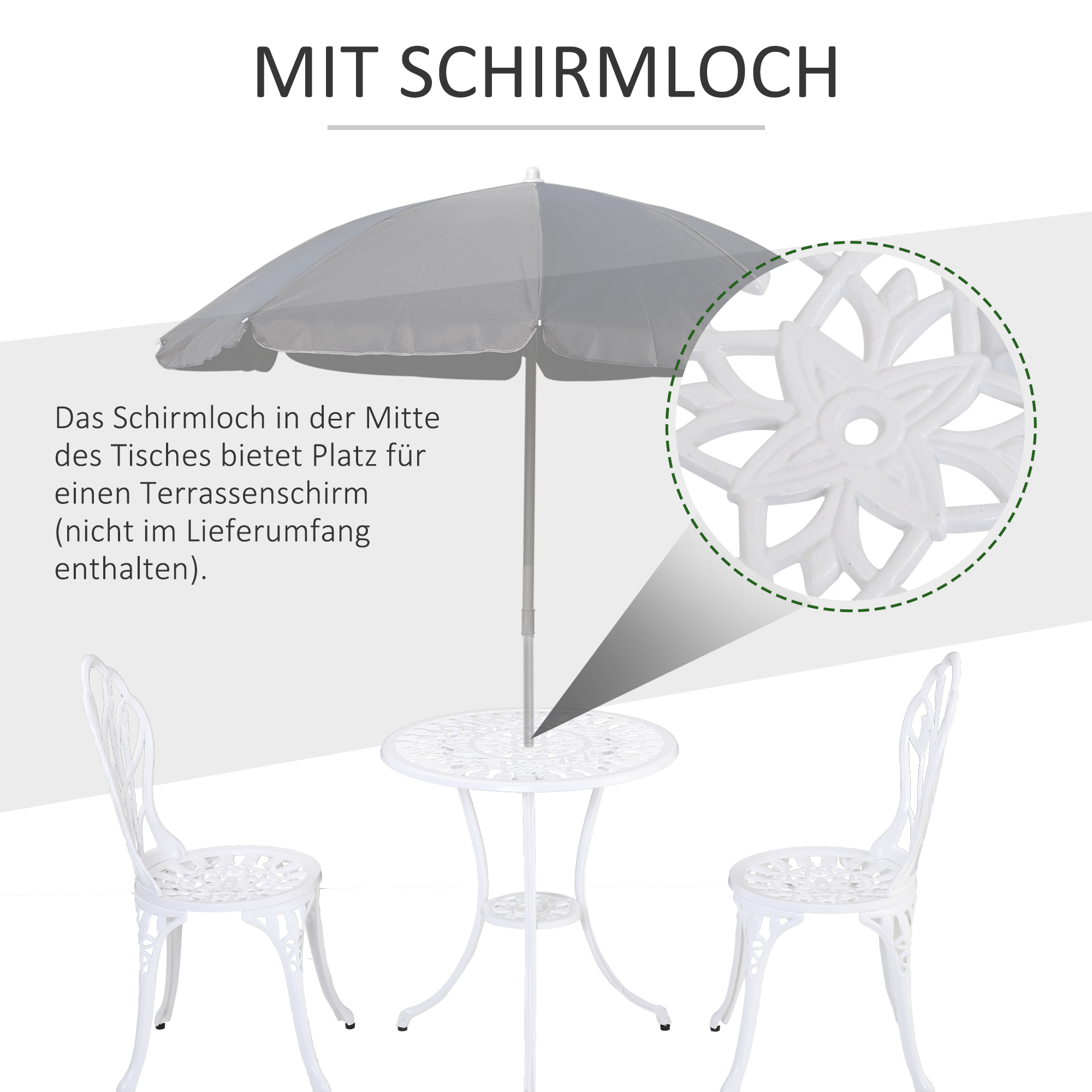 Sitzgruppe für 2 Personen Essgruppe Gartenmöbel-Set 1 Tisch+2 Stühle mit Schirmloch Aluminium Weiß
