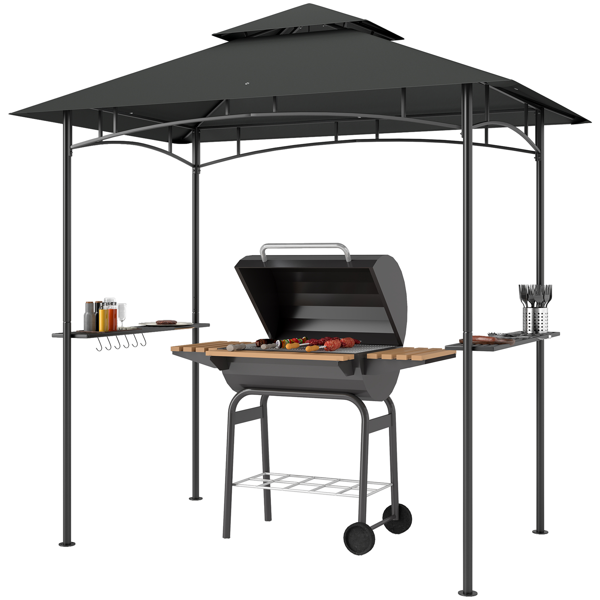 Grillpavillon mit LED 240 x 150 x 258 cm wasserabweisend flammhemmend Gartenpavillon mit Doppelschichtdach