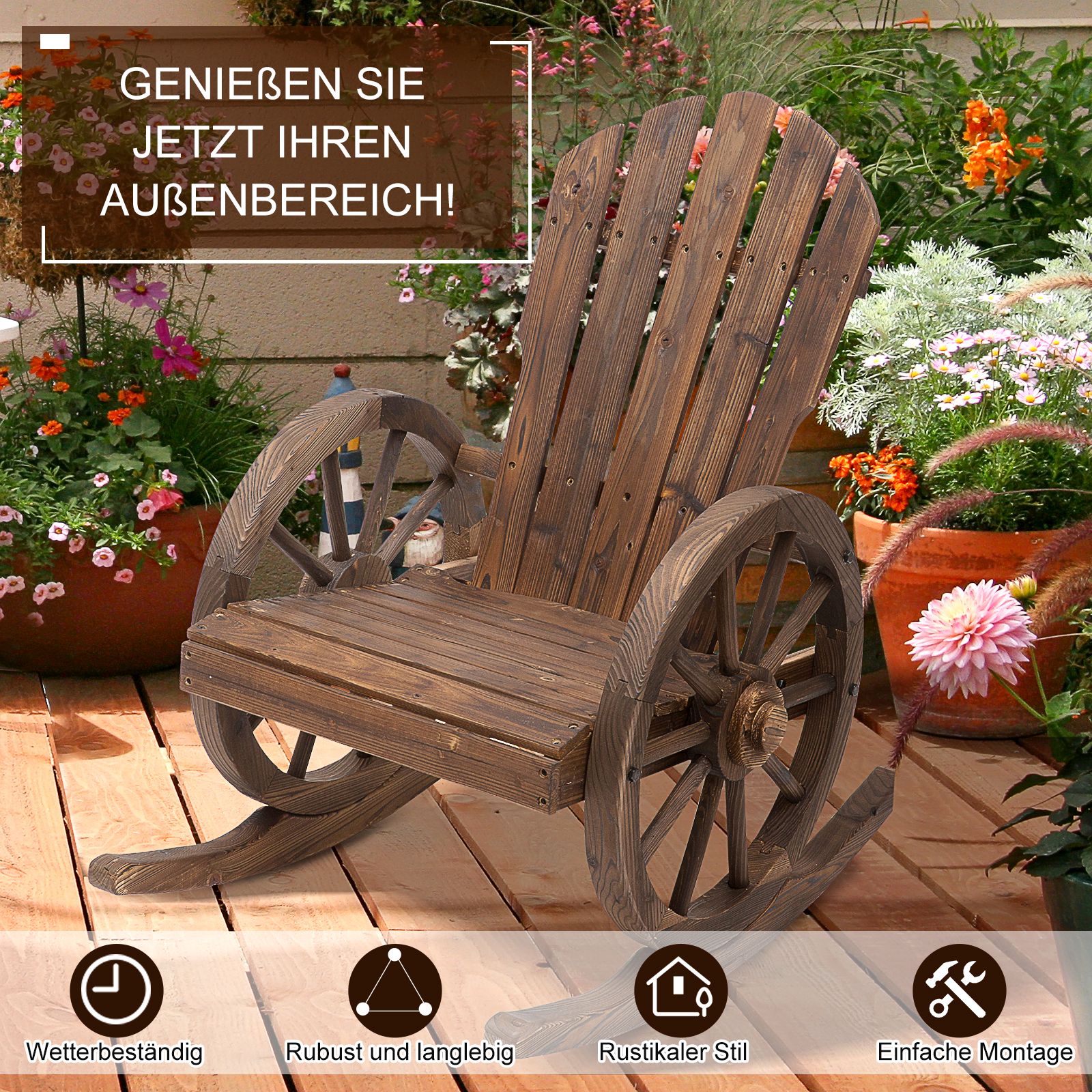 Schaukelstuhl Rustikales Design Versiegeltes Massivholz  Wetterbeständig 68 cm x 88 cm x 92 cm