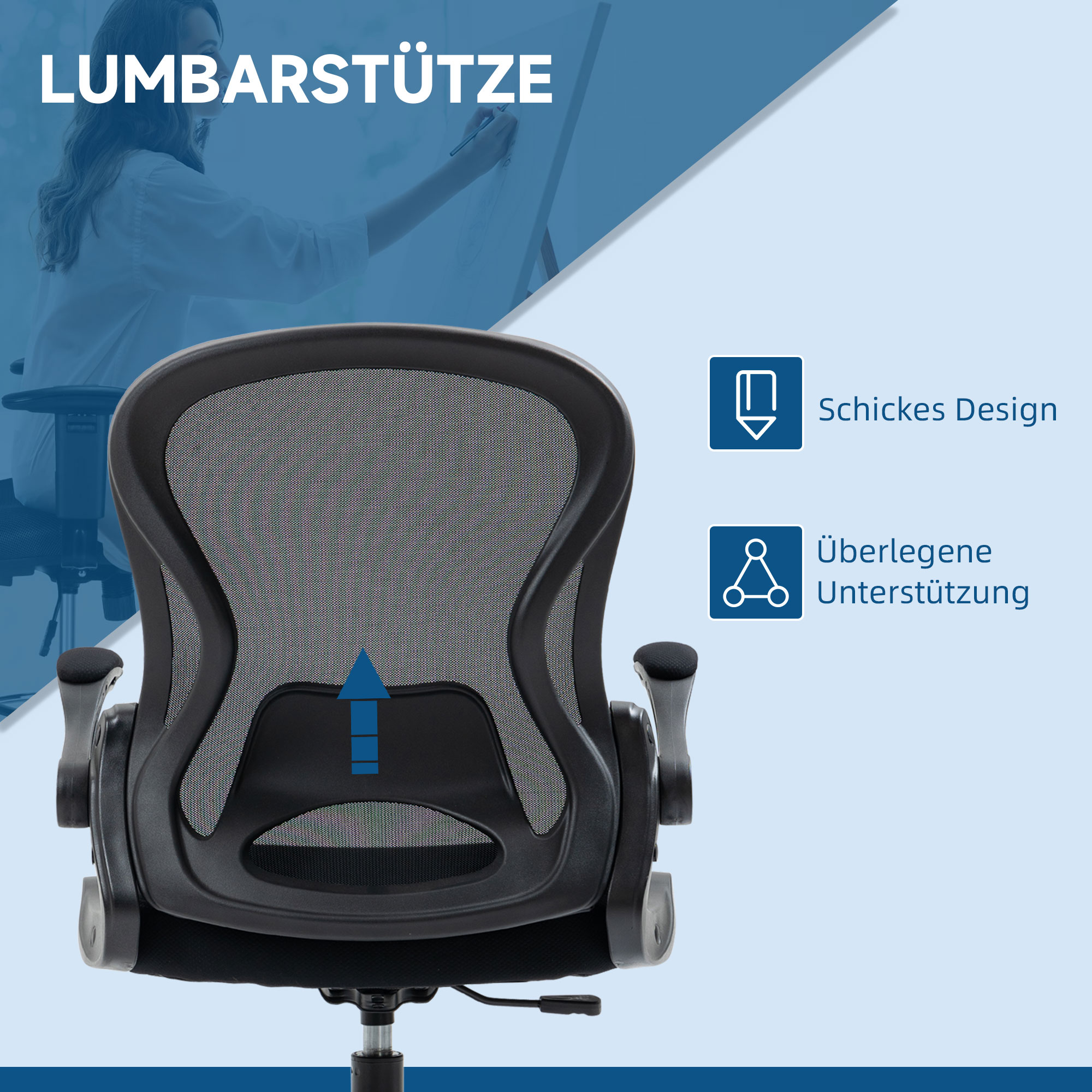 Zeichenstuhl, höhenverstellbarer Bürostuhl, mit Fußstütze, 59 cm x 65 cm x 122 cm, Schwarz