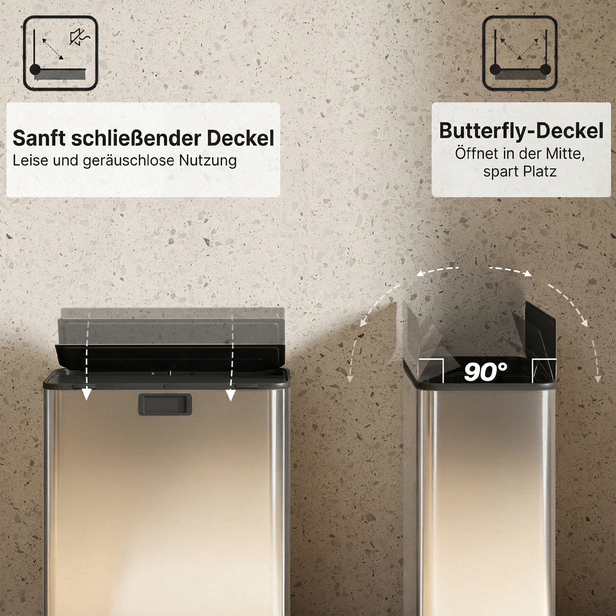 Küchenmülleimer 2 x 28L Edelstahl-Tretmülleimer mit Soft-Close-Deckel, herausnehmbaren Inneneimern