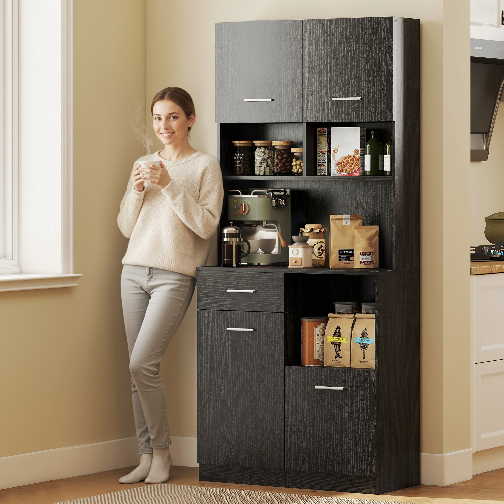 Küchenschrank, Buffet mit Schublade, Soft-Close Türen, 80 x 35 x 180 cm, Schwarz