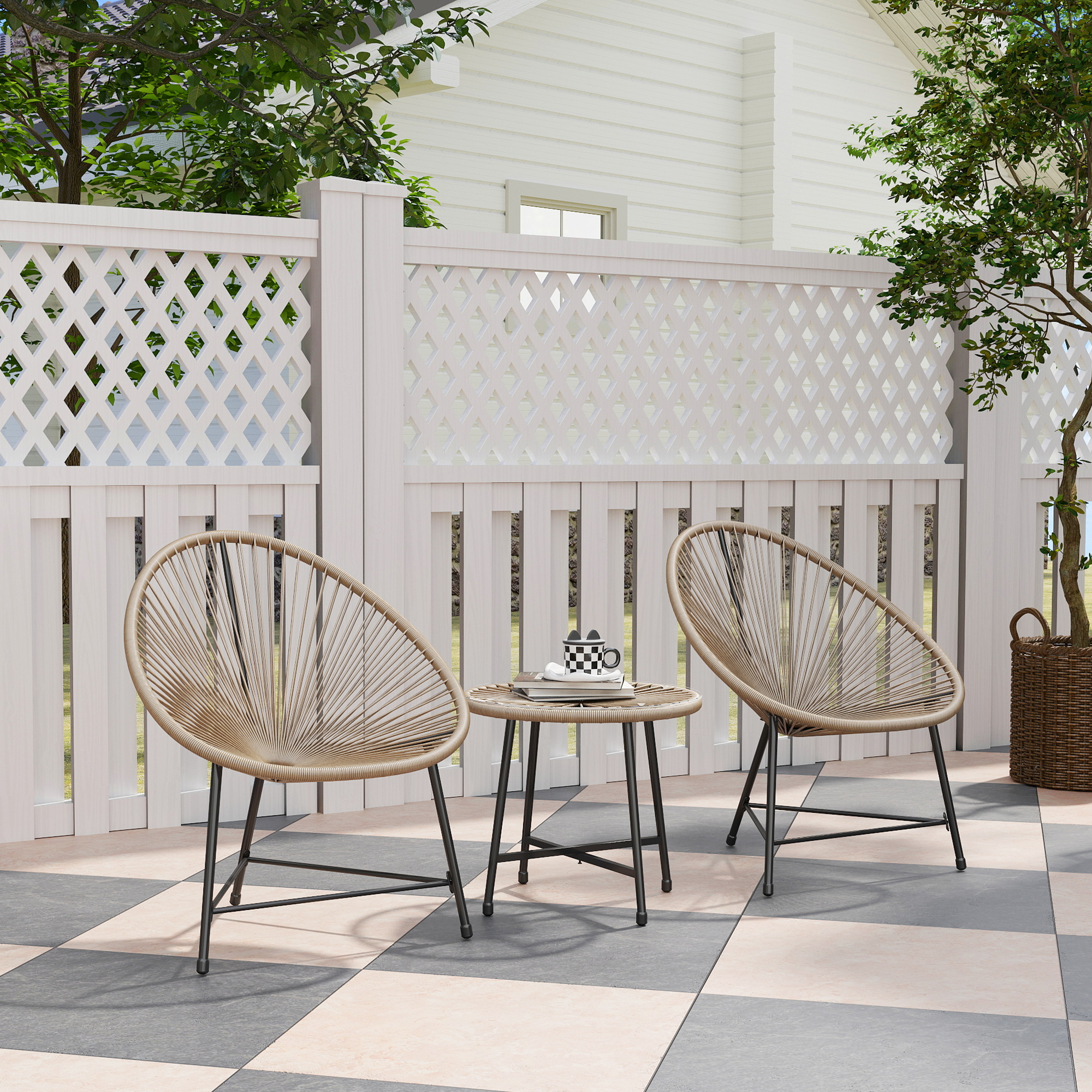 3-teiliges Gartenmöbel-Set, 2 Kunststoffrattan-Stühle, 1 Tisch mit Glasplatte, Stahlrahmen, Outdoor-Sitzmöbel, Hellbraun