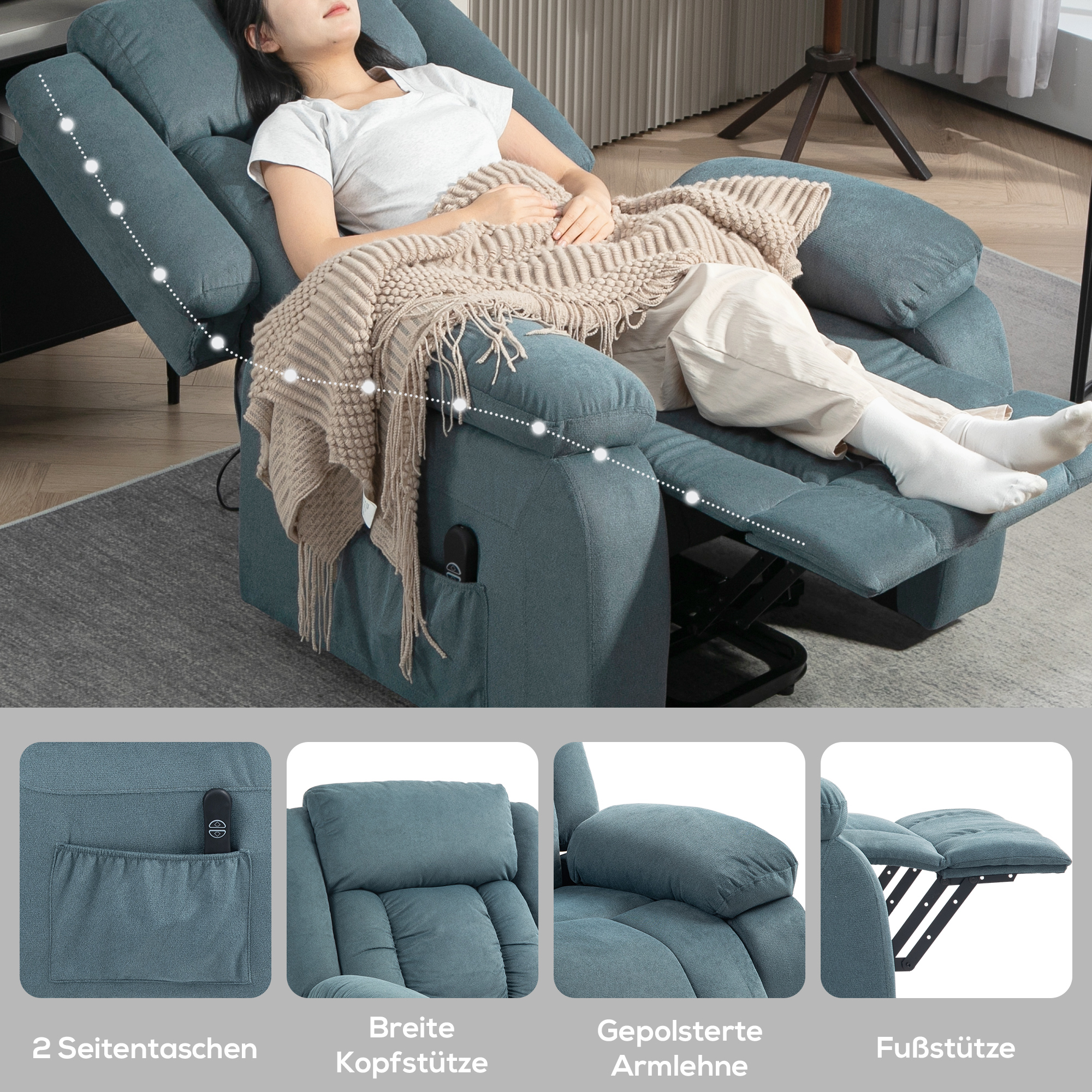Aufstehsessel mit weichem Bezug, Recliner-Sessel mit Fernbedienung und Seitentaschen, Blau