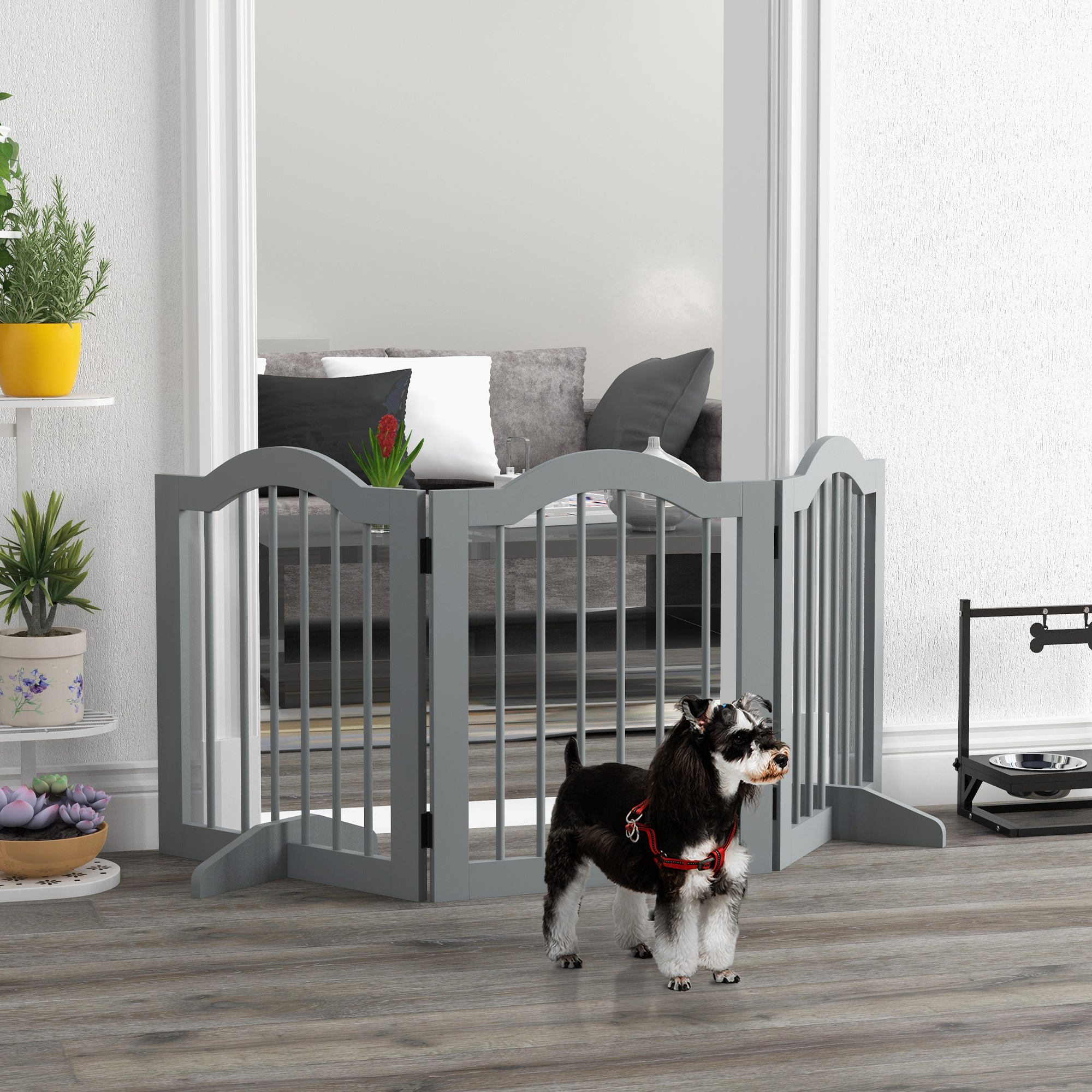 Absperrgitter Hund 3-teilig, 154,5 x 61 cm Faltbar Hundegitter mit Tür, 2 Stützfüßen Hellgrau