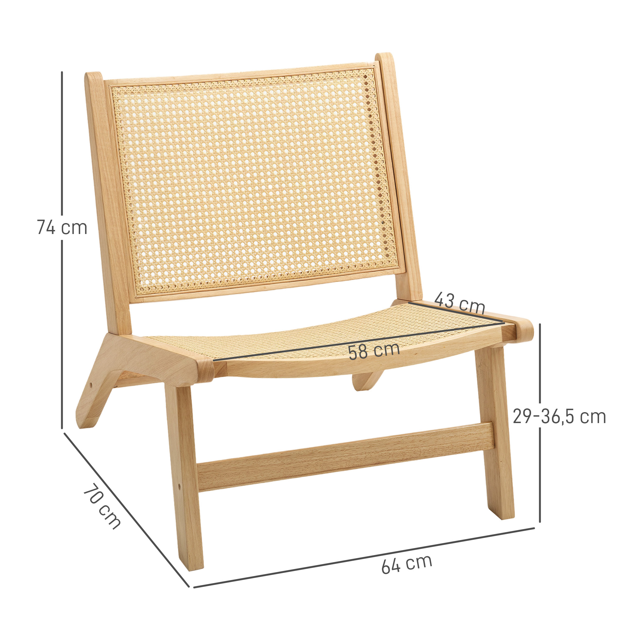 Rattanstuhl, Lesestuhl, Holzrahmen, breiter Sitz, 64 x 70 x 74 cm, Naturholz
