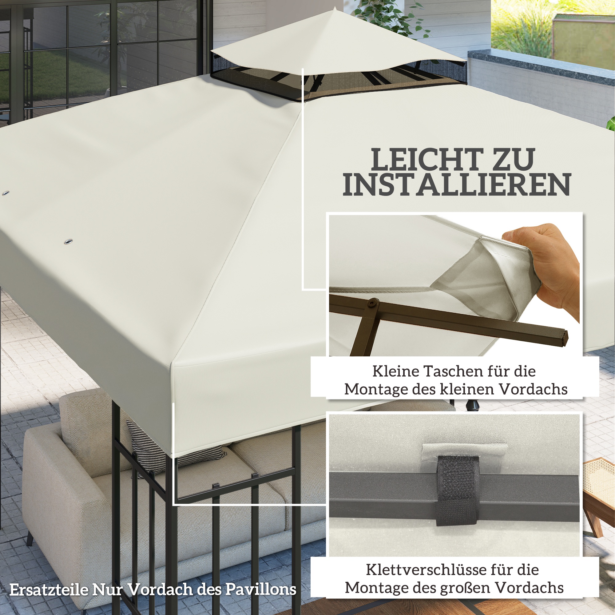 3 x 3 m Ersatzdach für Pavillon, Pavillon-Ersatzplane mit Wasserablauf-Löchern, UPF30+, Sonnenschutz, Hellgrau