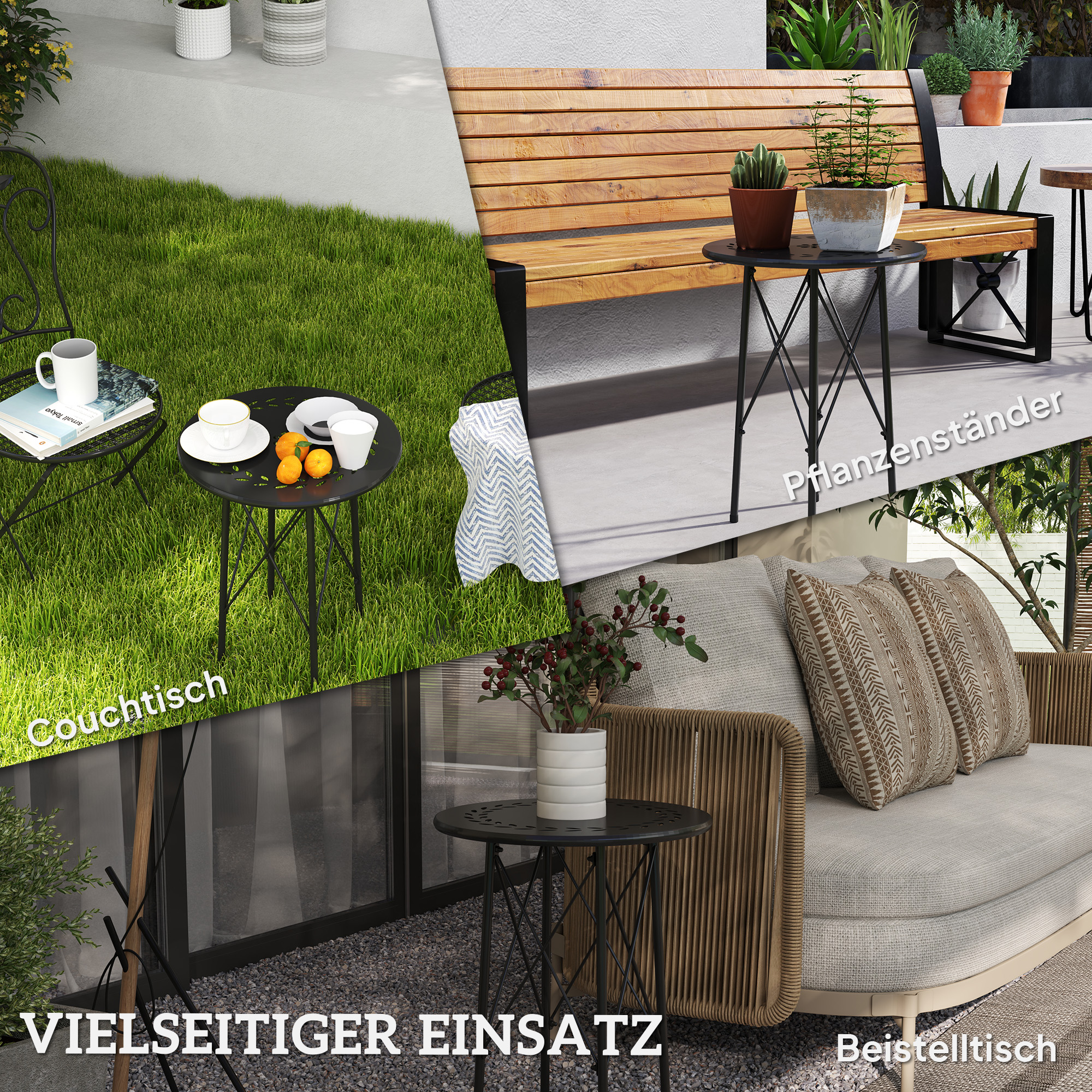Gartentisch, runder Terrassentisch mit Blumenmuster, Stahl, Bistrotisch für drinnen und draußen, Schwarz