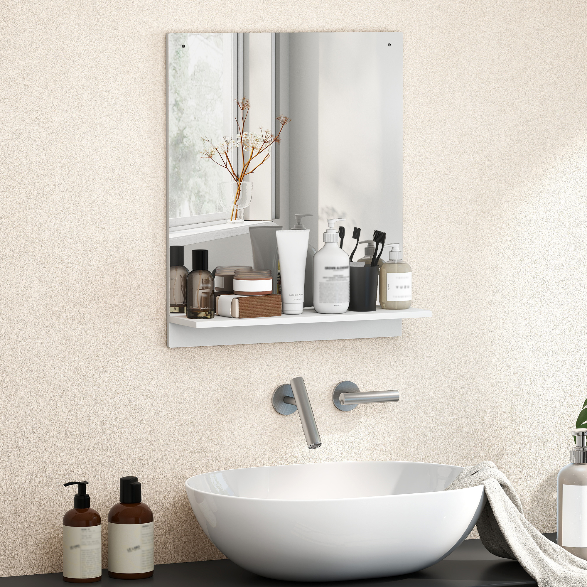 Badspiegel 50 x 60 cm Wandspiegel mit Regal, Badezimmerspiegel für Eingangsbereich, Flur, Weiß