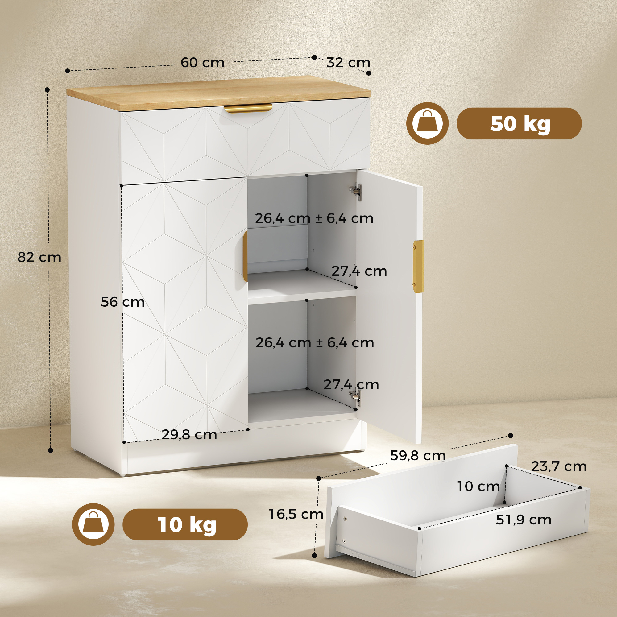 Modernes Sideboard, Aufbewahrungsschrank mit Schublade und verstellbarem Regal, Weiß