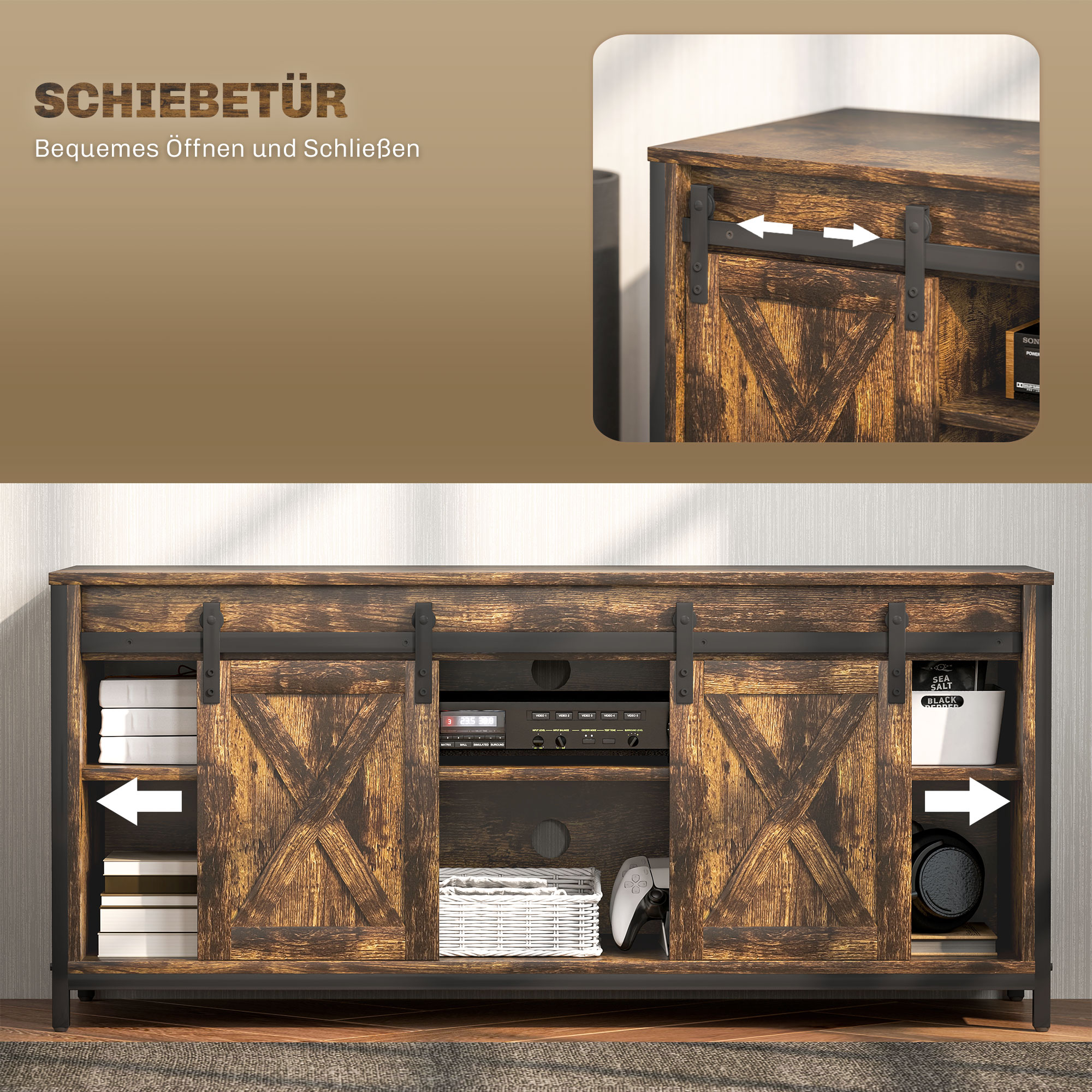 TV Lowboard, Industrial Design, für 60'' TVs, 6 Fächer, 2 Schiebetüren, Braun/Schwarz