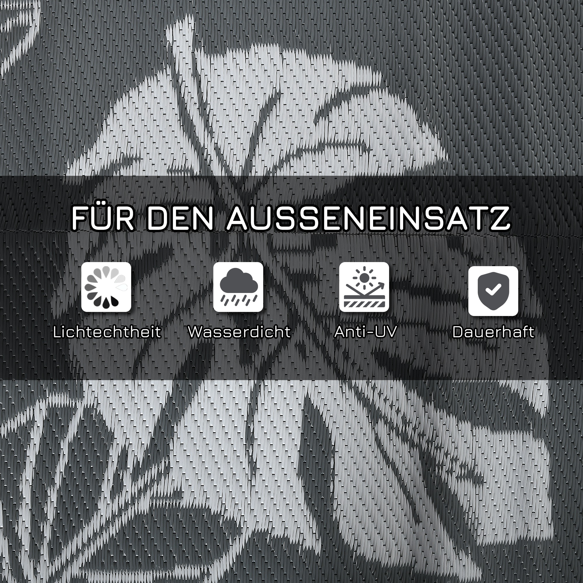 Outdoor Wendeteppich, wasserfest, Blattmuster, 182x274cm, Grau/Weiß