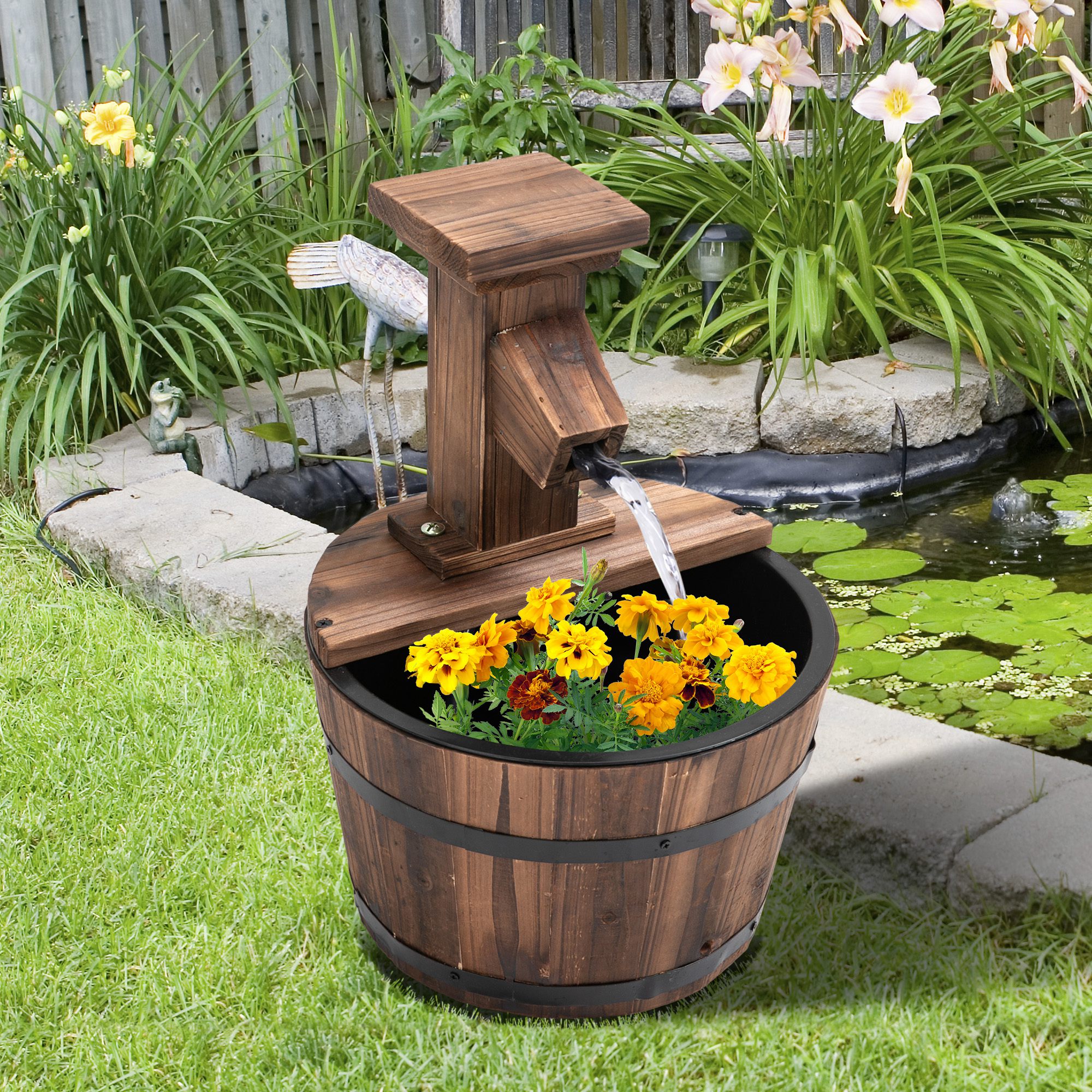 Gartenbrunnen Zierbrunnen Springbrunnen Fassbrunnen Wasserfall Holzeimer Tannenholz + Metall Dunkelbraun Ø27 x 37 cm