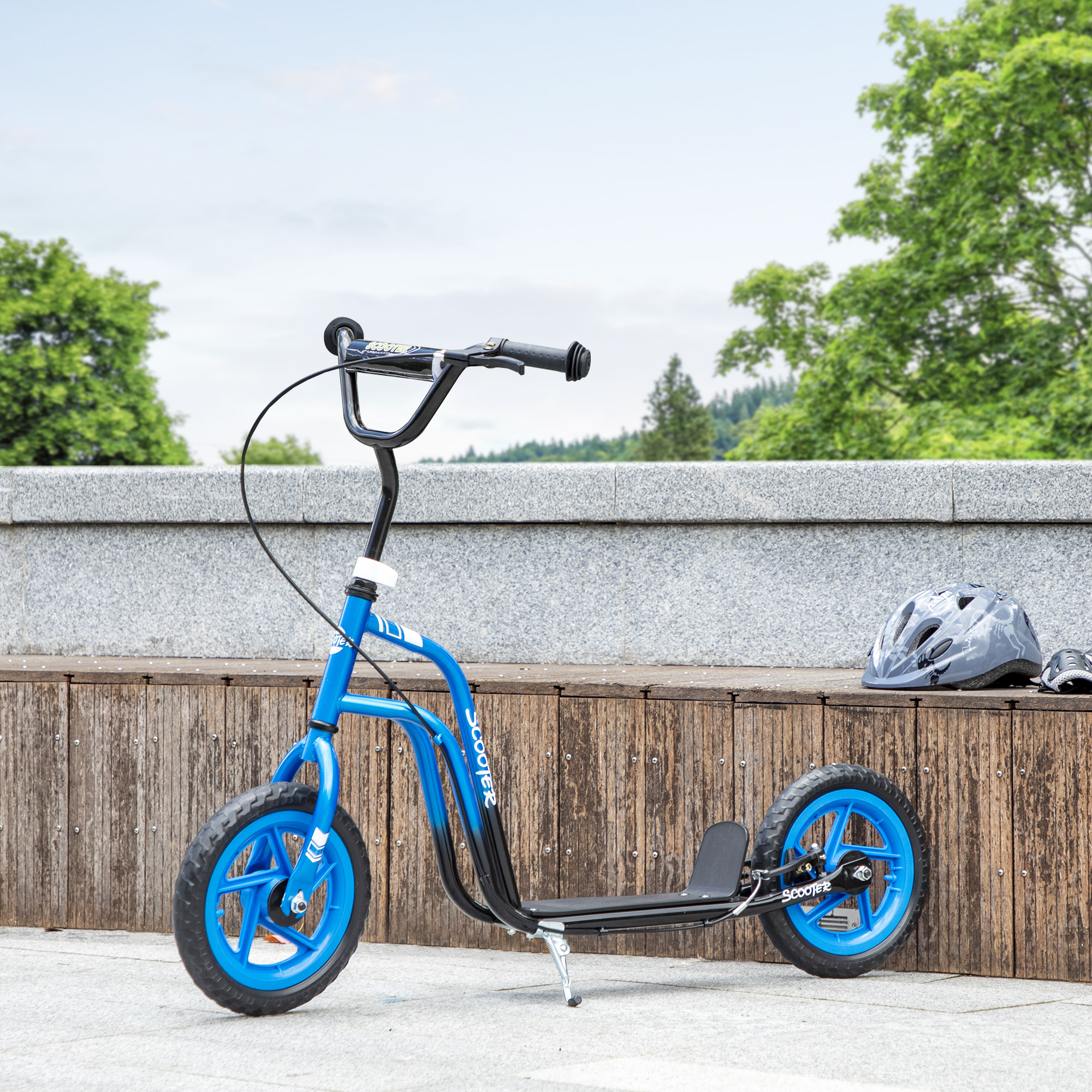 Kinderroller mit verstellbarem Lenker, große Räder, Parkständer, Handbremse, für Kinder im Alter von 5-12 Jahren, Blau