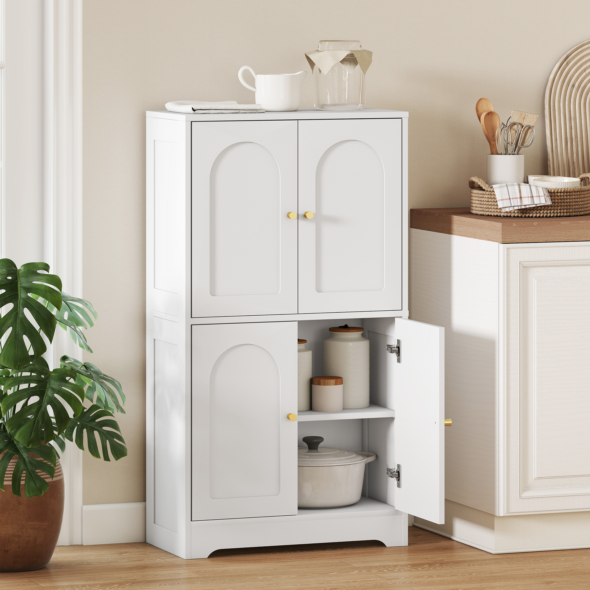 Küchenschrank, Hochschrank mit 2 verstellbaren Regalböden, Küchenbuffet mit 4 gewölbten Türen 60 x 30 x 110 cm, Weiß