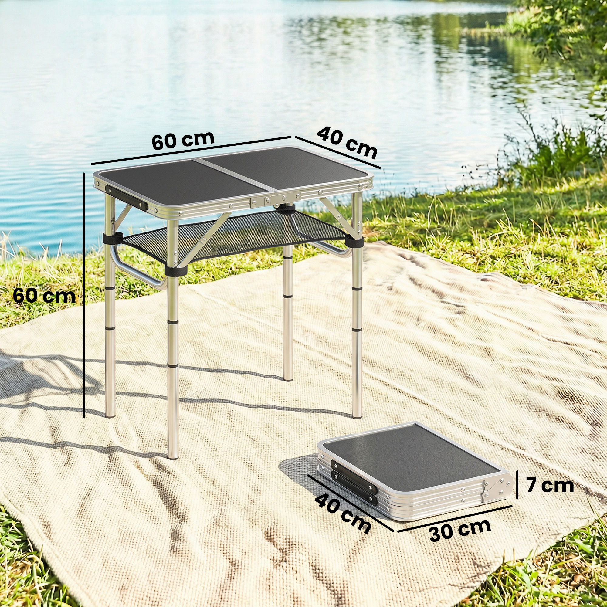 Campingtisch Klapptisch mit Netzfach, 4 Höhenverstellungen, Tragegriff Aluminium 60 x 40 x 26-60 cm Schwarz